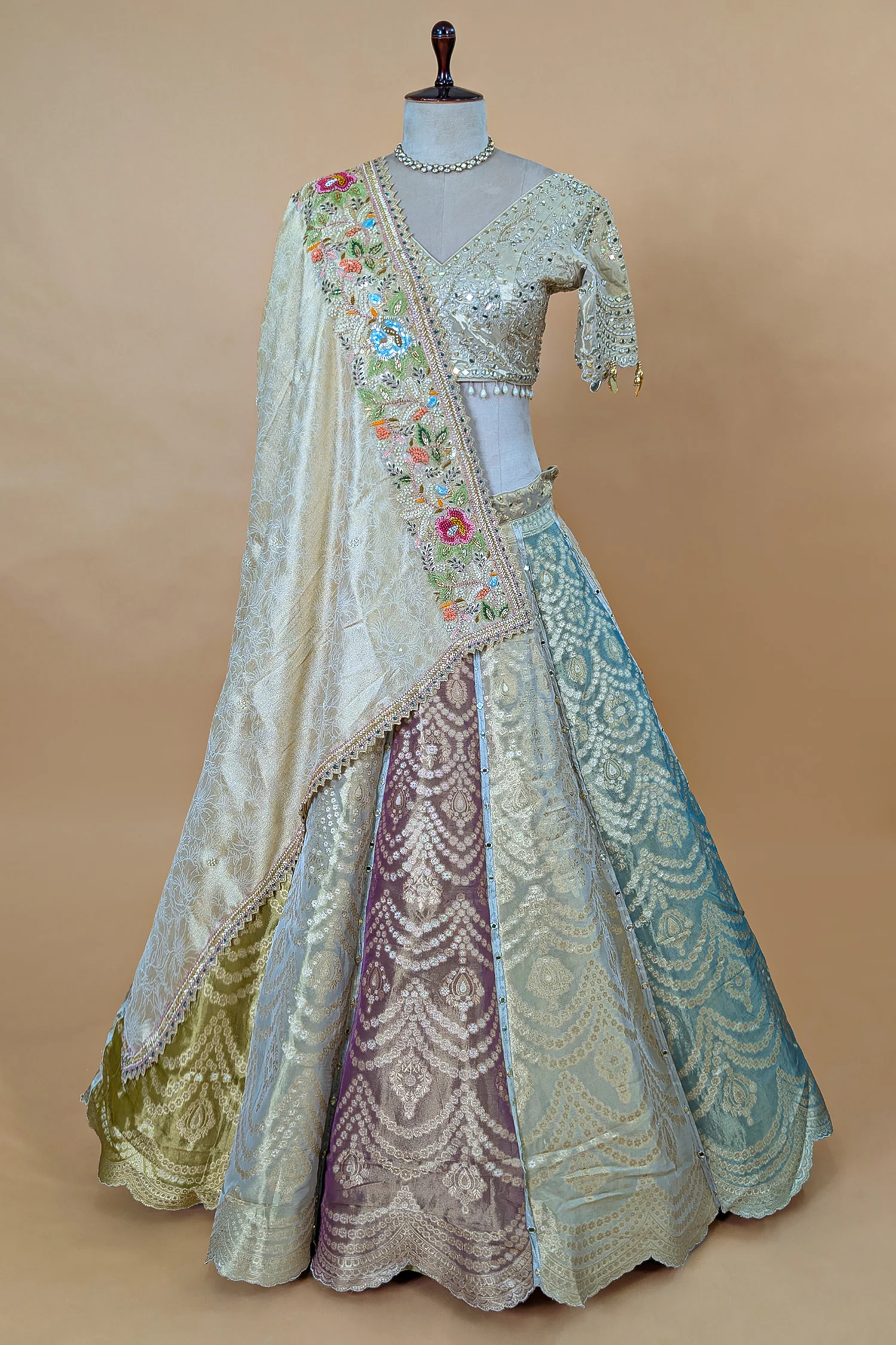 Multi Colored Tissue Silk Woven Lehenga - Image 3