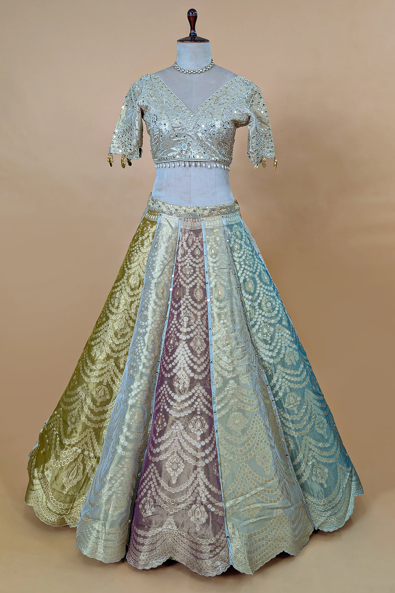 Multi Colored Tissue Silk Woven Lehenga - Image 4