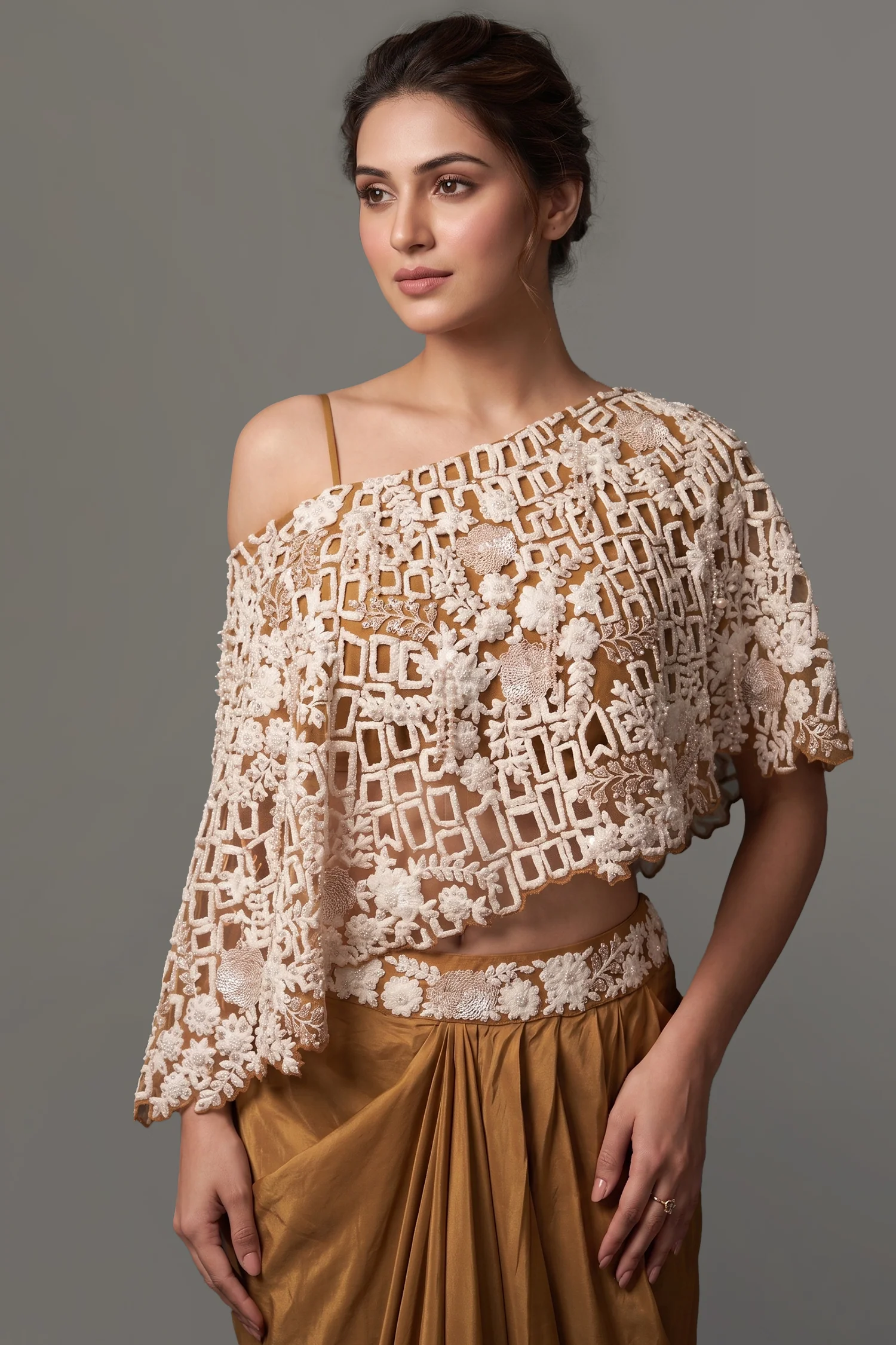 Mustard Brown and Beige Sequin Embroidered One Shoulder Crop Top with Dhoti Skirt Set - Image 2