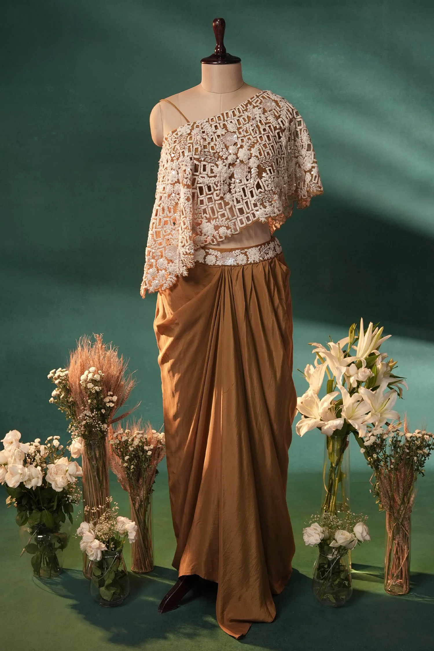 Mustard Brown and Beige Sequin Embroidered One Shoulder Crop Top with Dhoti Skirt Set - Image 3