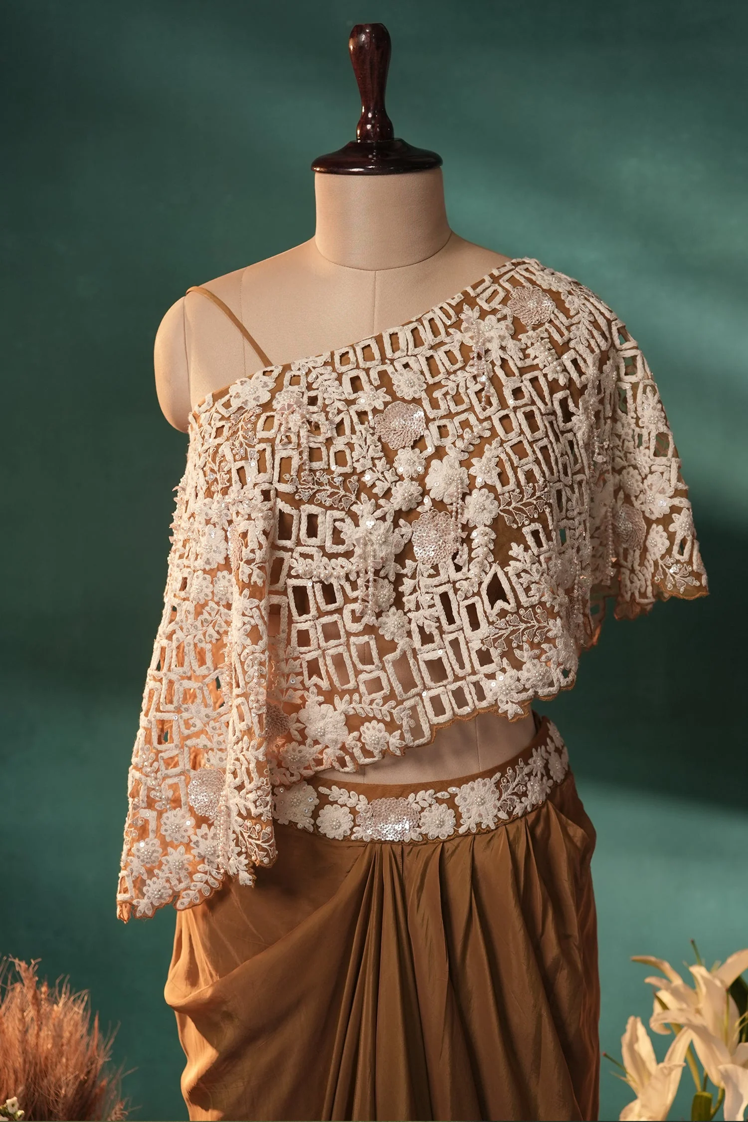 Mustard Brown and Beige Sequin Embroidered One Shoulder Crop Top with Dhoti Skirt Set - Image 4