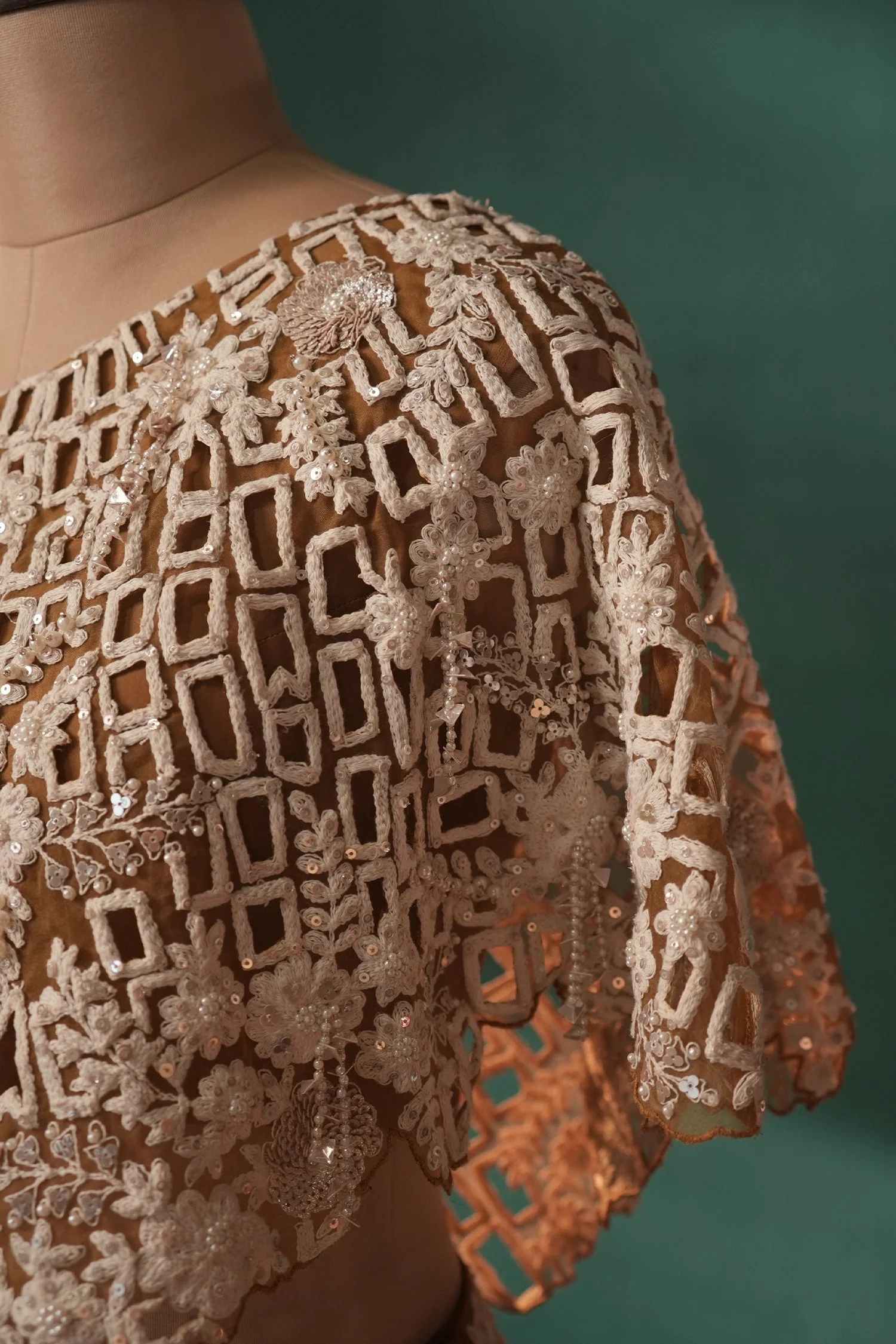 Mustard Brown and Beige Sequin Embroidered One Shoulder Crop Top with Dhoti Skirt Set - Image 5