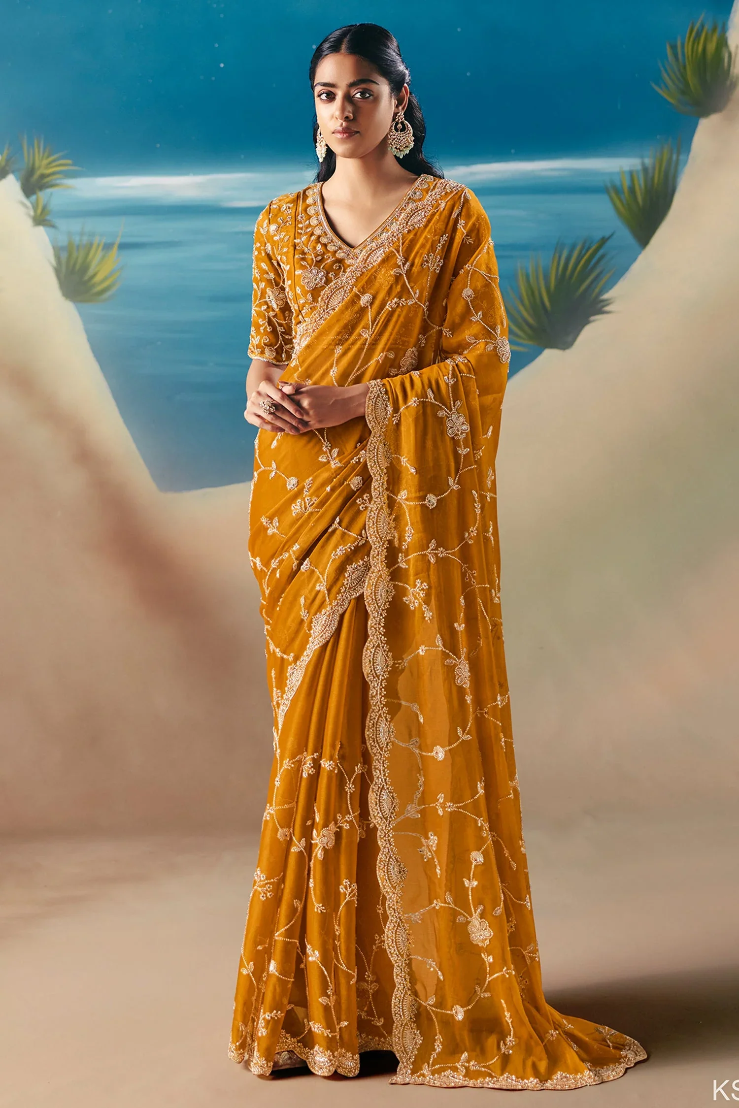 Mustard Georgette Saree with Sequin Embellished Scallop Border - Image 2
