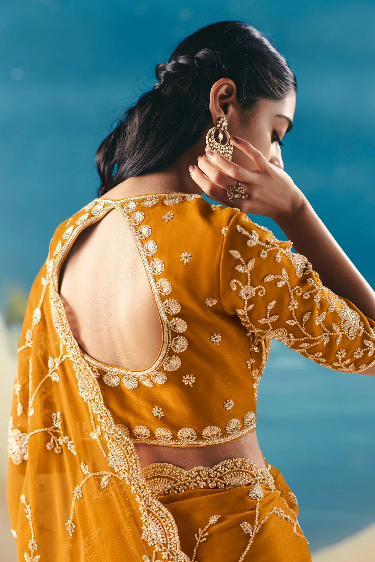 Mustard Georgette Saree with Sequin Embellished Scallop Border - Image 3
