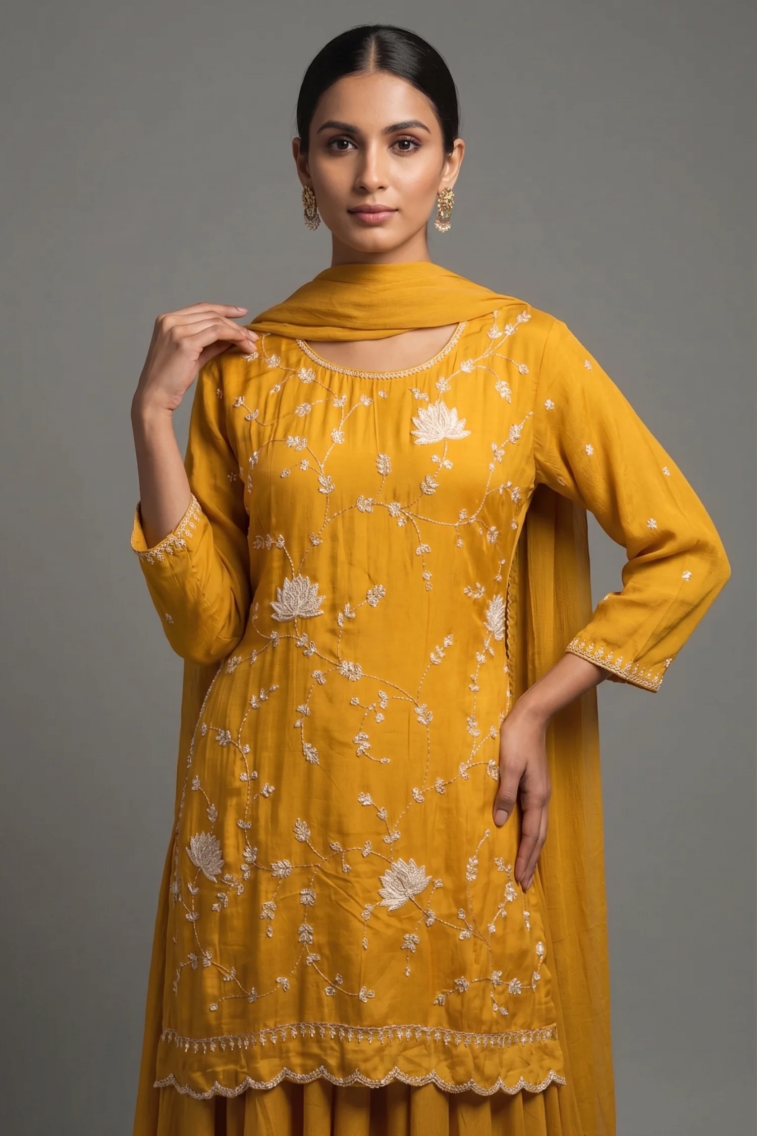 Mustard Satin Organza Gota Worked Lehenga Suit - Image 2