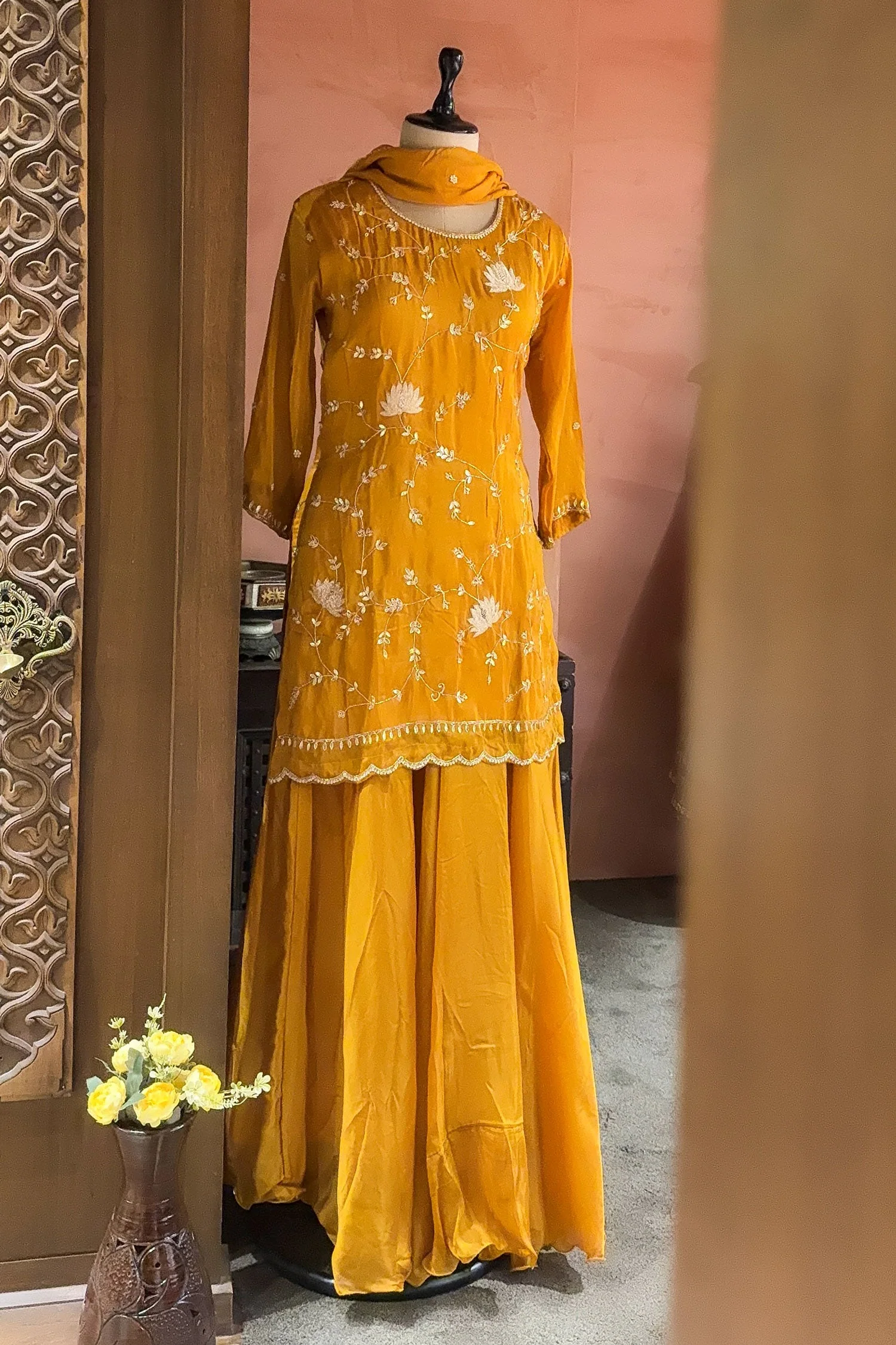 Mustard Satin Organza Gota Worked Lehenga Suit - Image 3