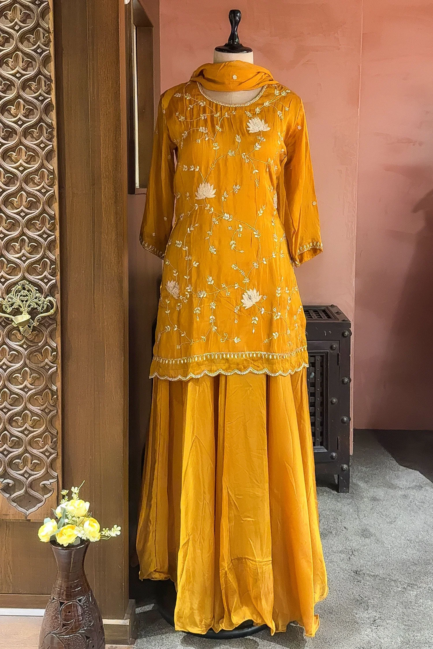 Mustard Satin Organza Gota Worked Lehenga Suit - Image 4