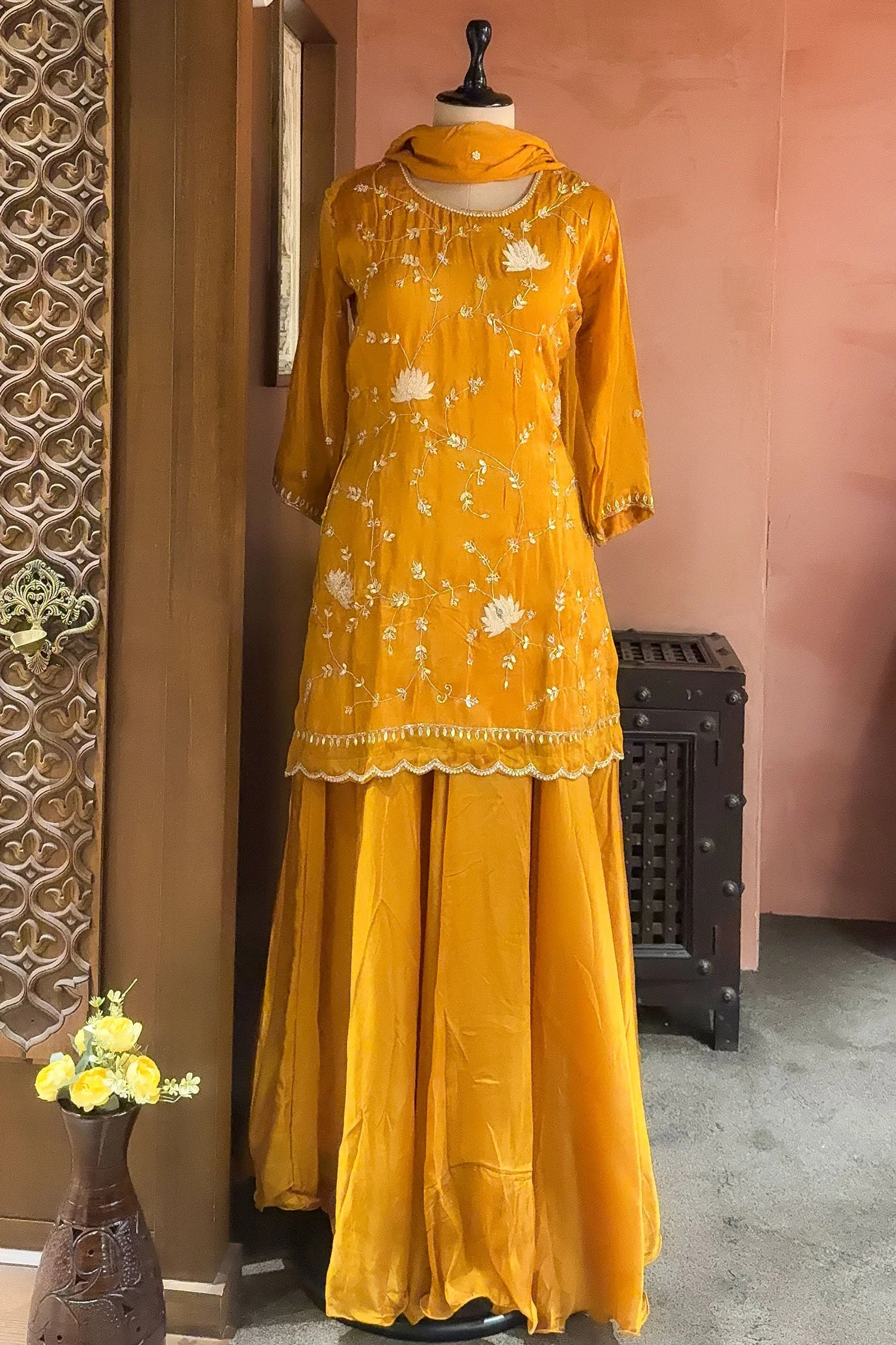 Mustard Satin Organza Gota Worked Lehenga Suit - Image 5