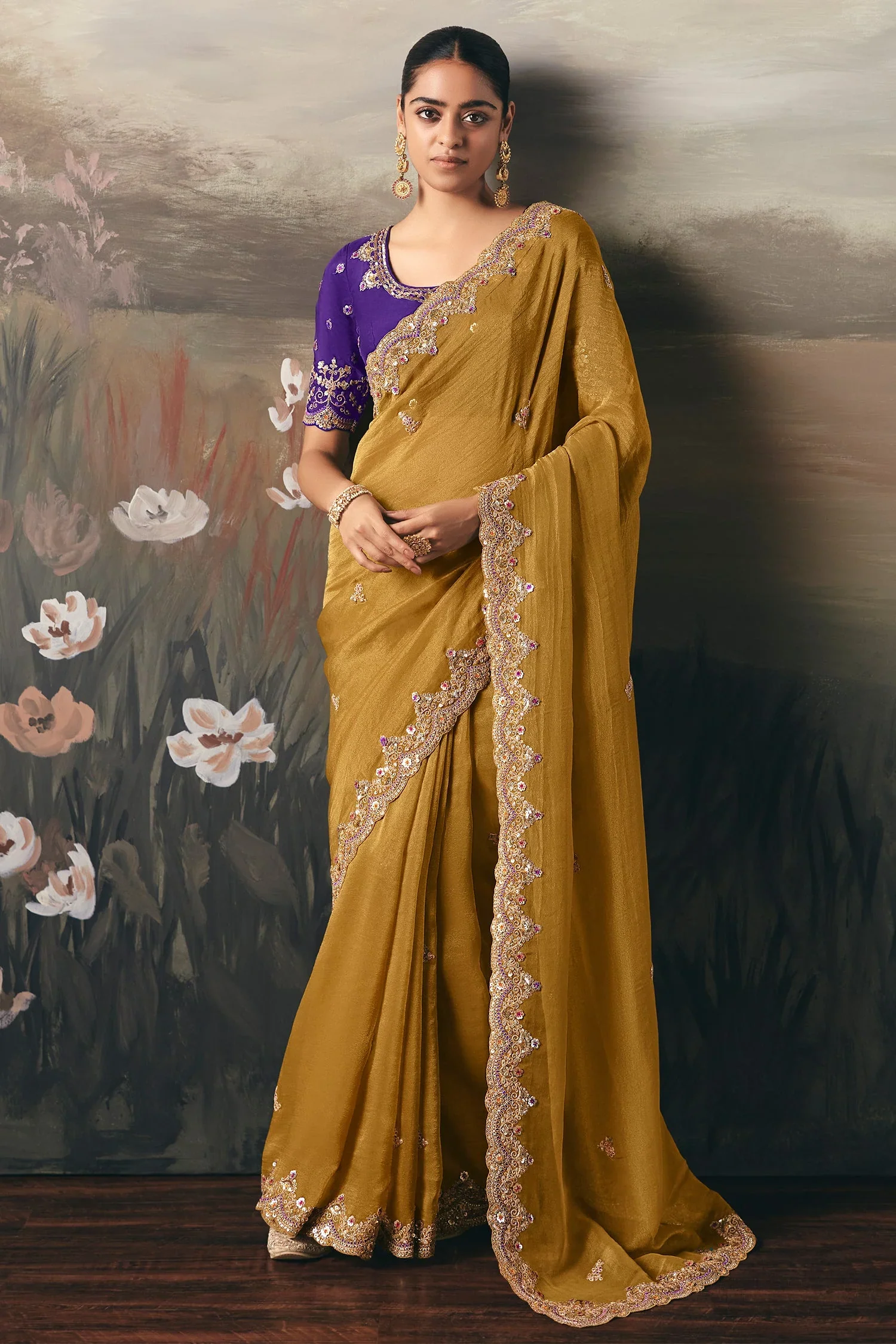 Mustard Tissue Saree with Sequin and Embroidered Border - Image 2