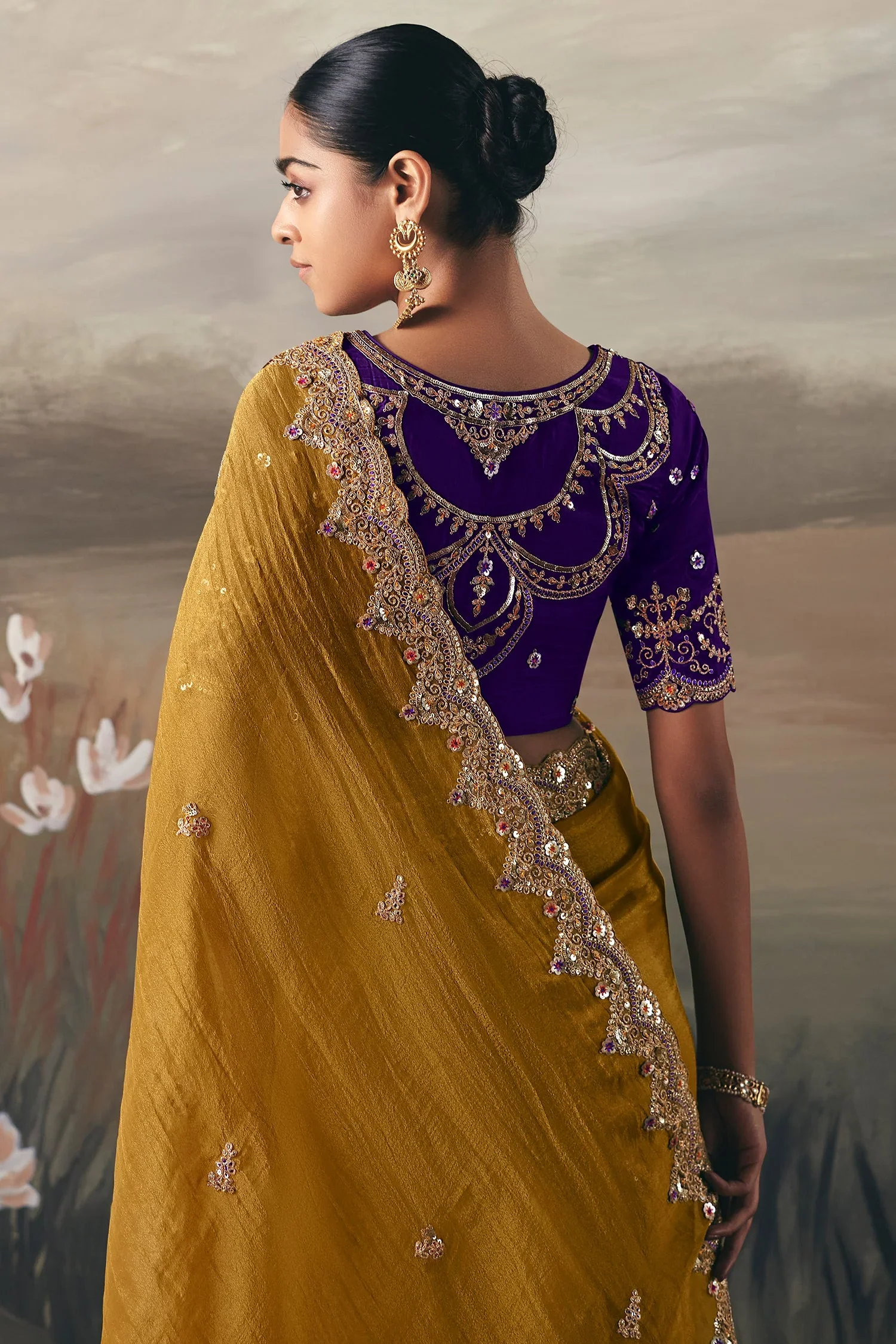 Mustard Tissue Saree with Sequin and Embroidered Border - Image 3