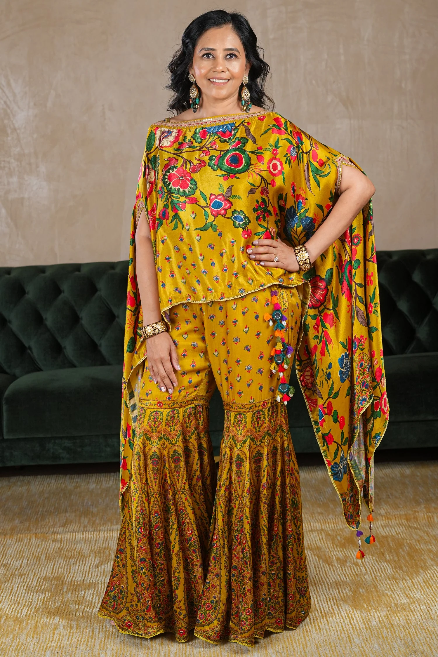 Mustard Yellow Gaji Silk Printed Sharara Set - Image 3