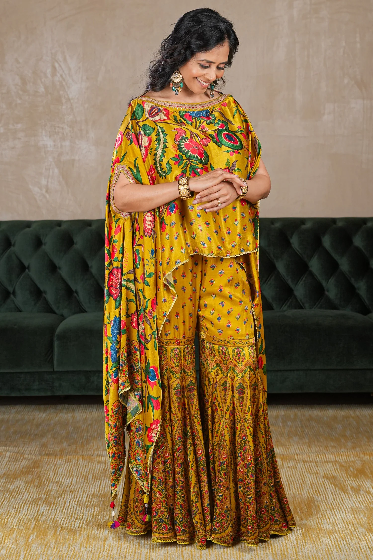 Mustard Yellow Gaji Silk Printed Sharara Set - Image 4