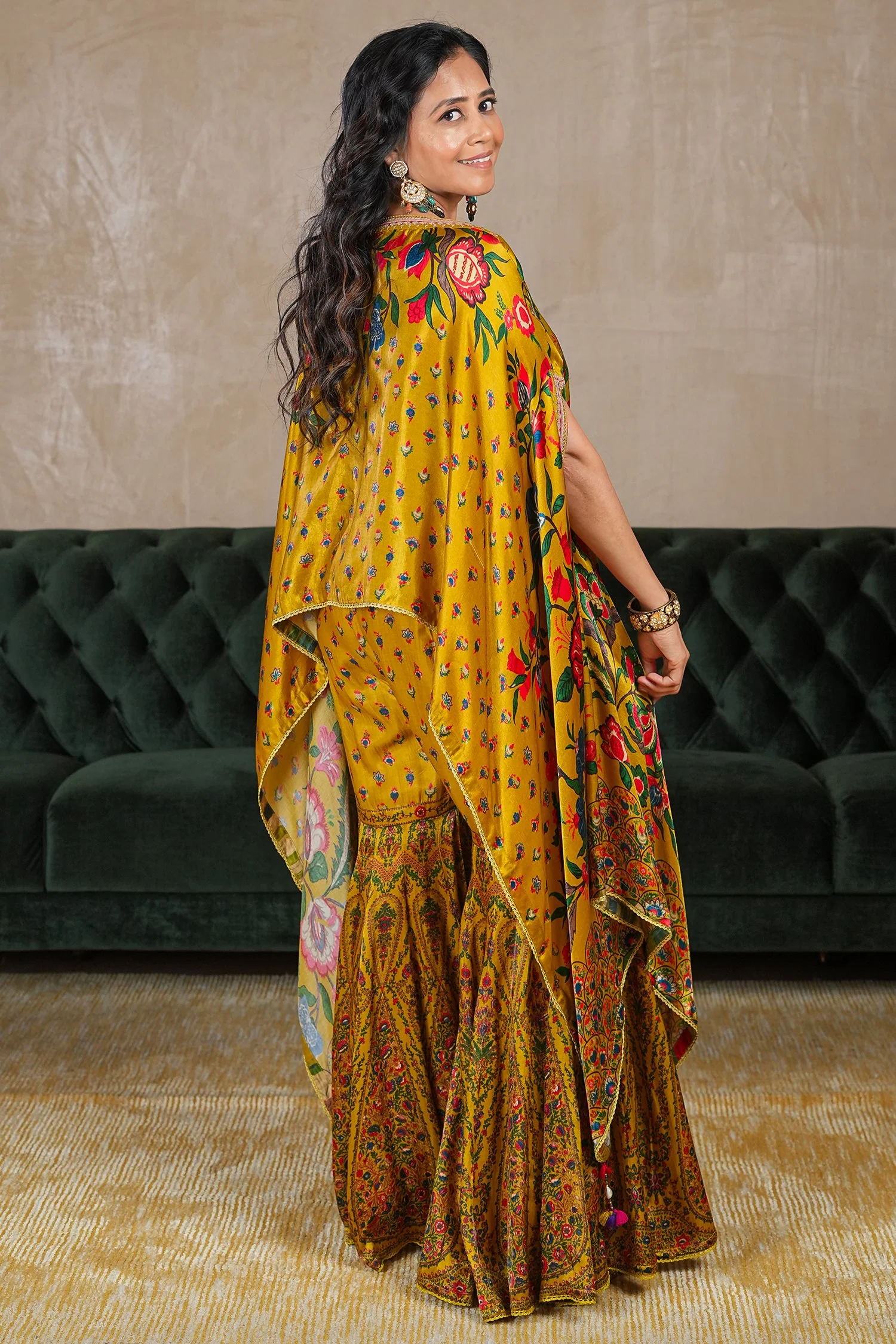 Mustard Yellow Gaji Silk Printed Sharara Set - Image 5