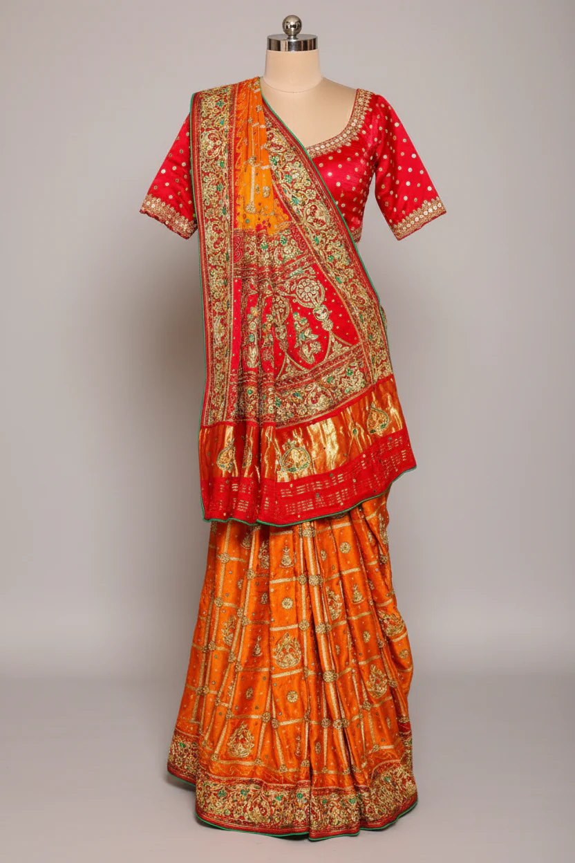 Mustard Yellow Gaji Silk Traditional Gharchola Saree with Contrast Pallu - Image 3