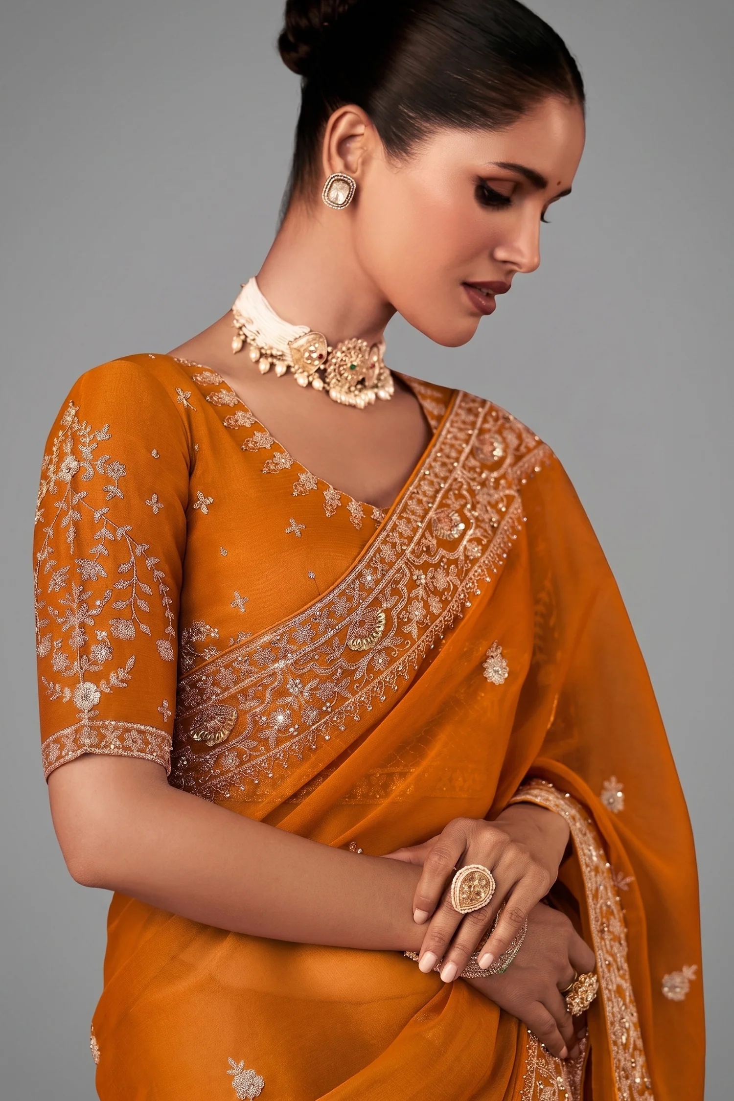 Mustard Yellow Georgette Chiffon Saree with Embroidery - Image 2