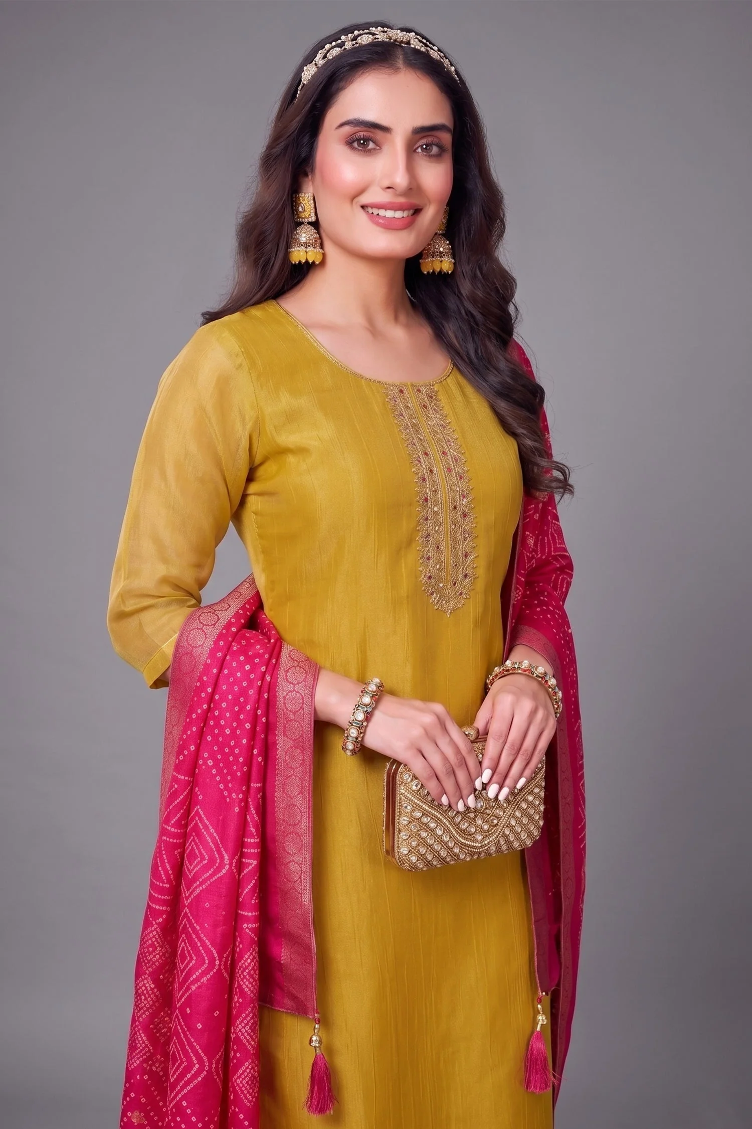 Mustard Yellow Tissue Silk Straight Cut Suit with Contrast Dupatta - Image 2