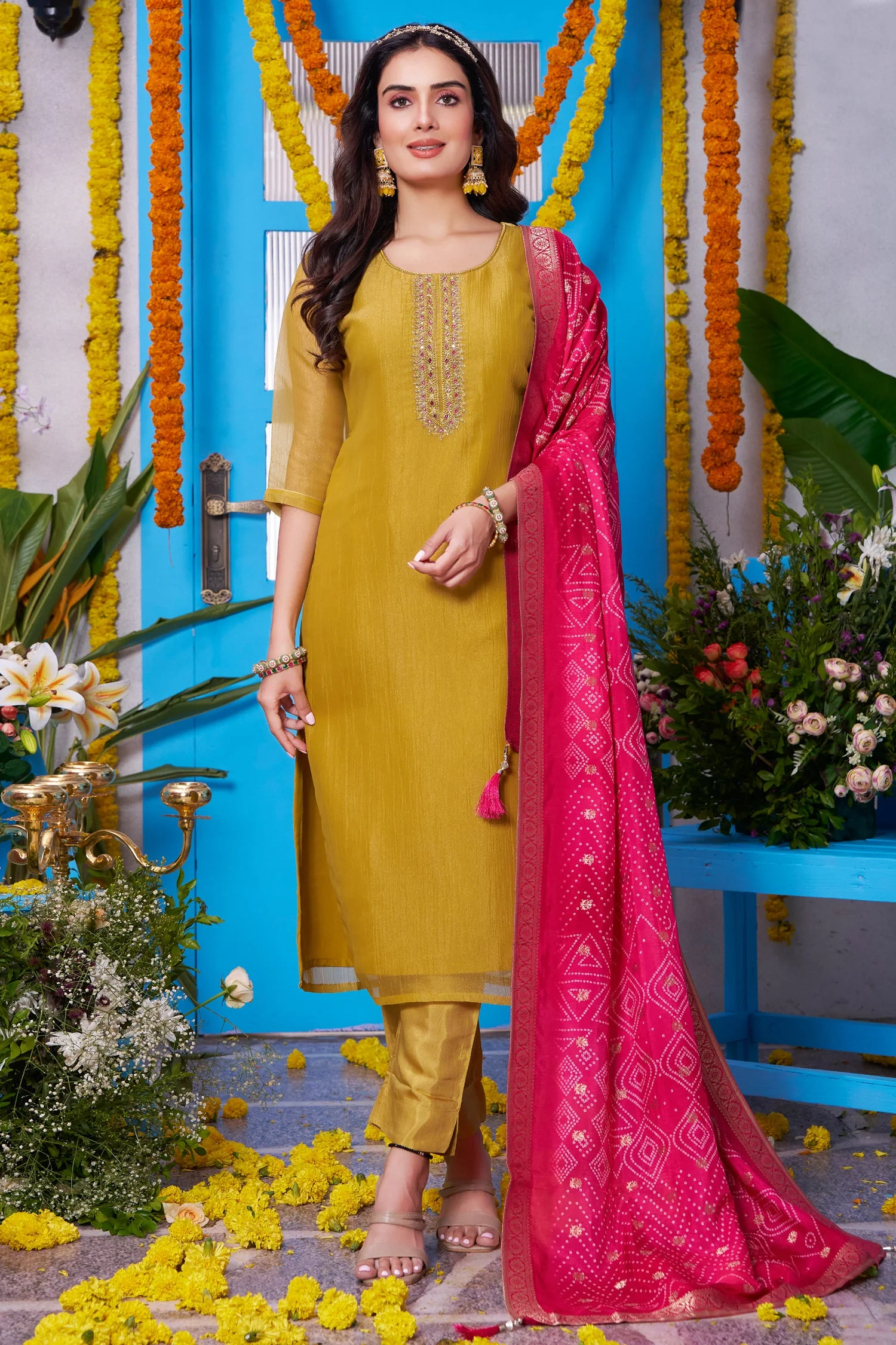 Mustard Yellow Tissue Silk Straight Cut Suit with Contrast Dupatta - Image 3