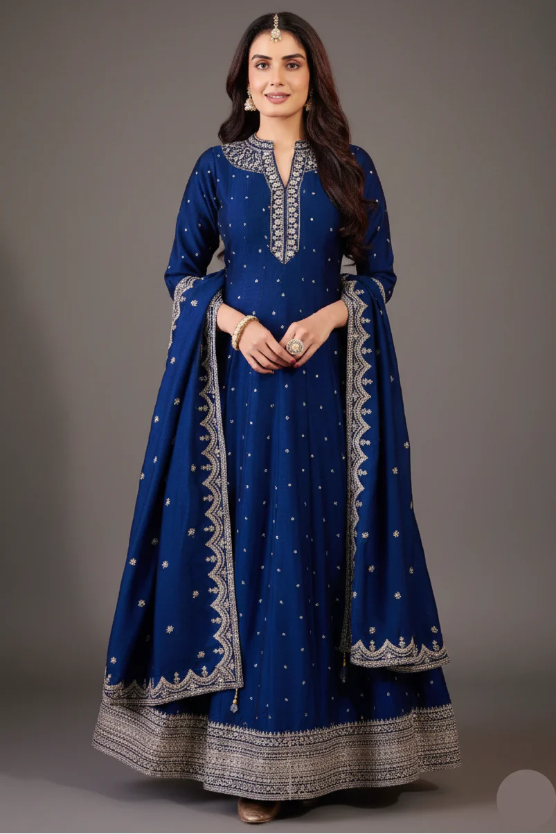 Navy Blue Art Silk Sequin Embroidery Worked Anarkali Suit