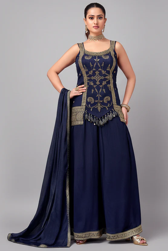 Navy Blue Art Silk Woven Palazzo Suit
