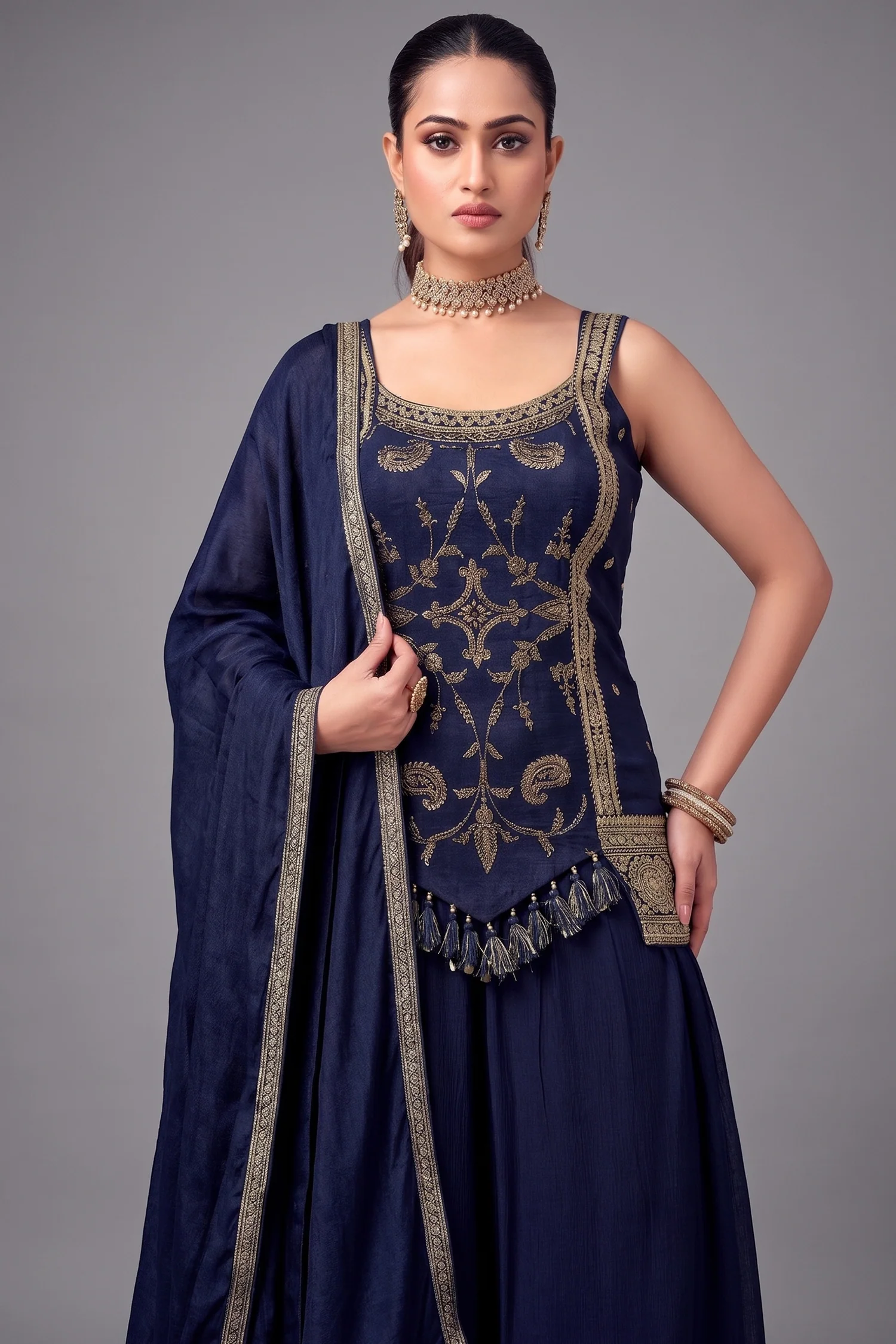 Navy Blue Art Silk Woven Palazzo Suit - Image 2