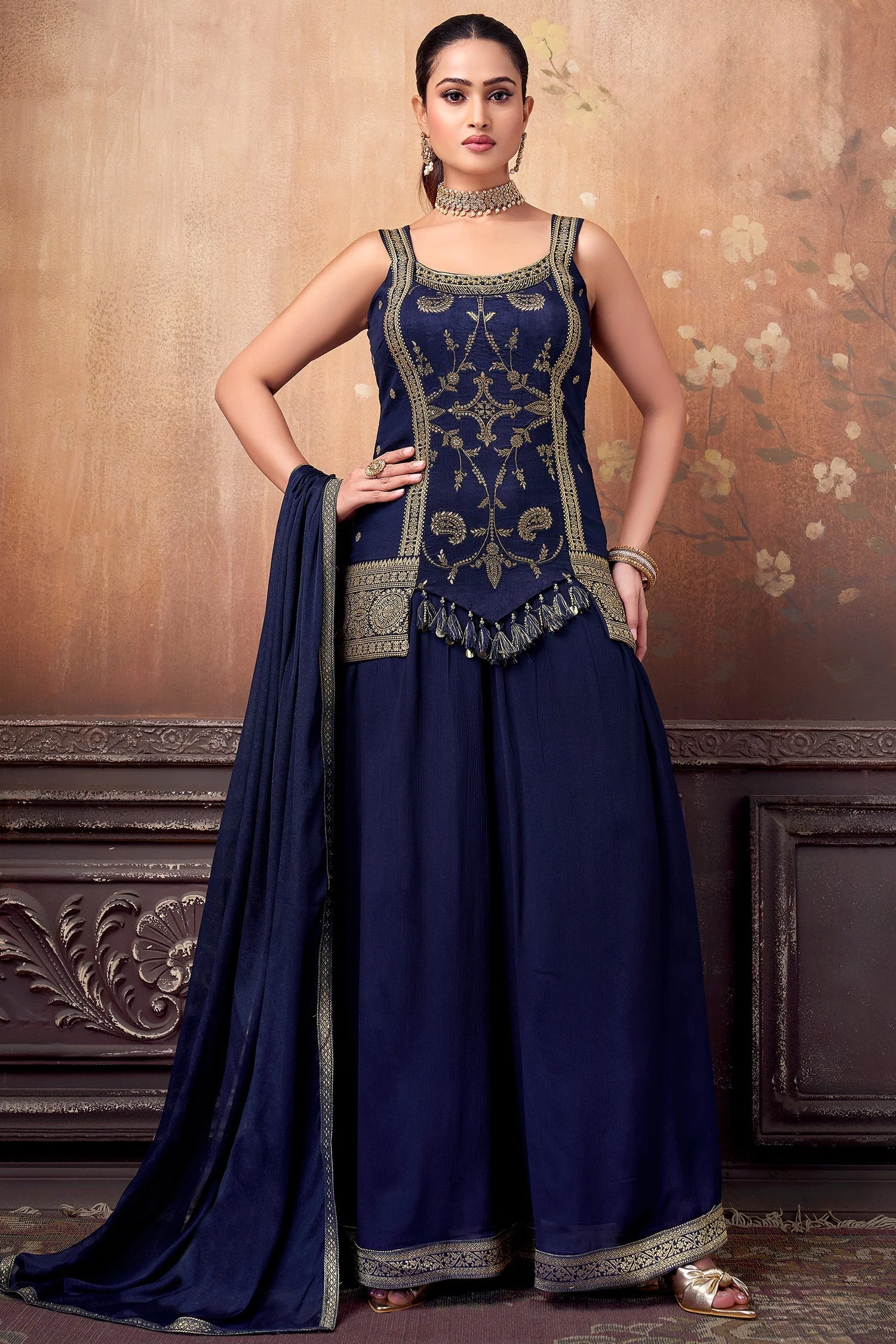 Navy Blue Art Silk Woven Palazzo Suit - Image 3