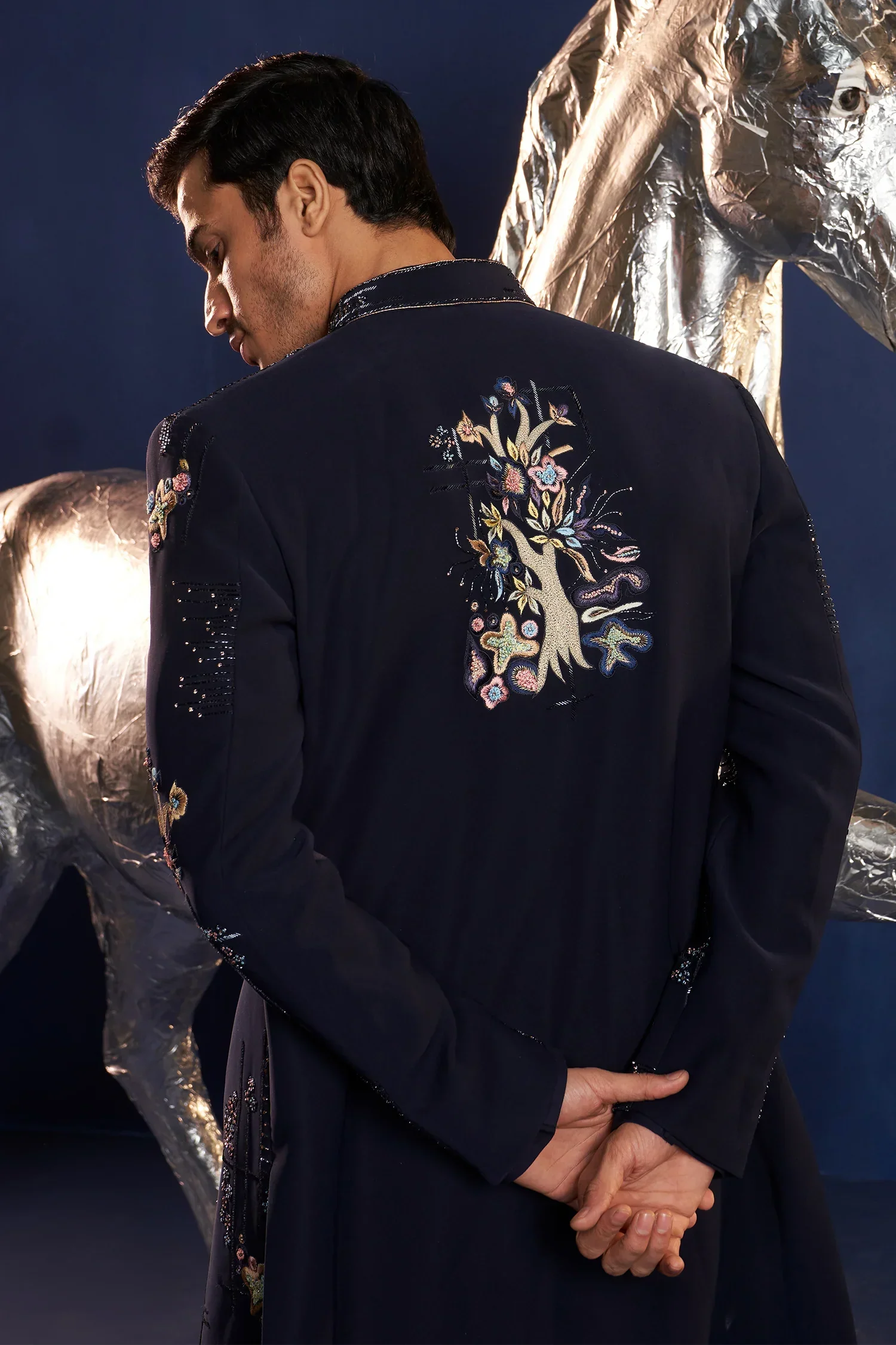 Navy Blue Imported Indo Western Set with French Knot and Cutdana Work - Image 3