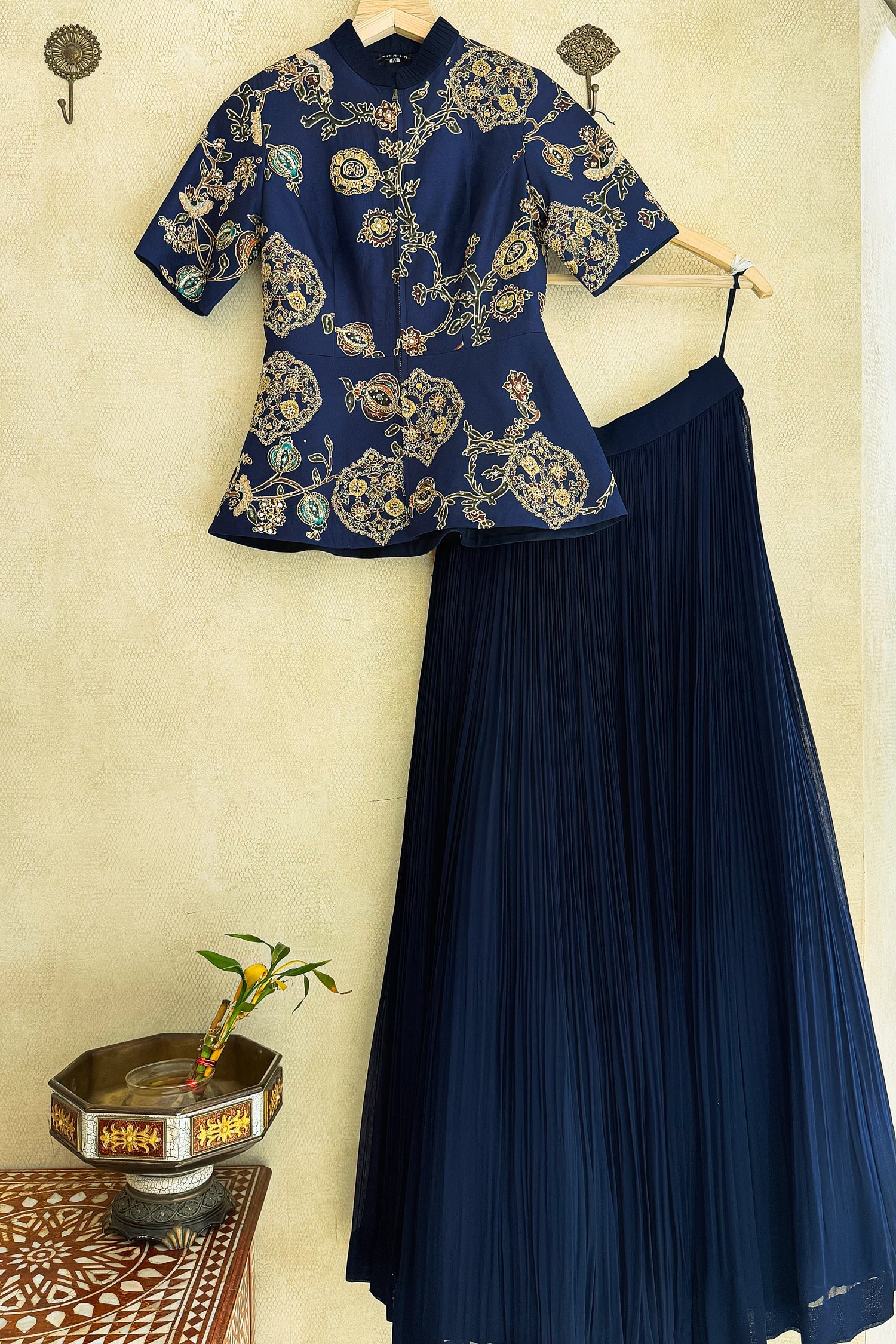 Navy Blue Silk Peplum Lehenga Set with Printed and Sequin Work - Image 3