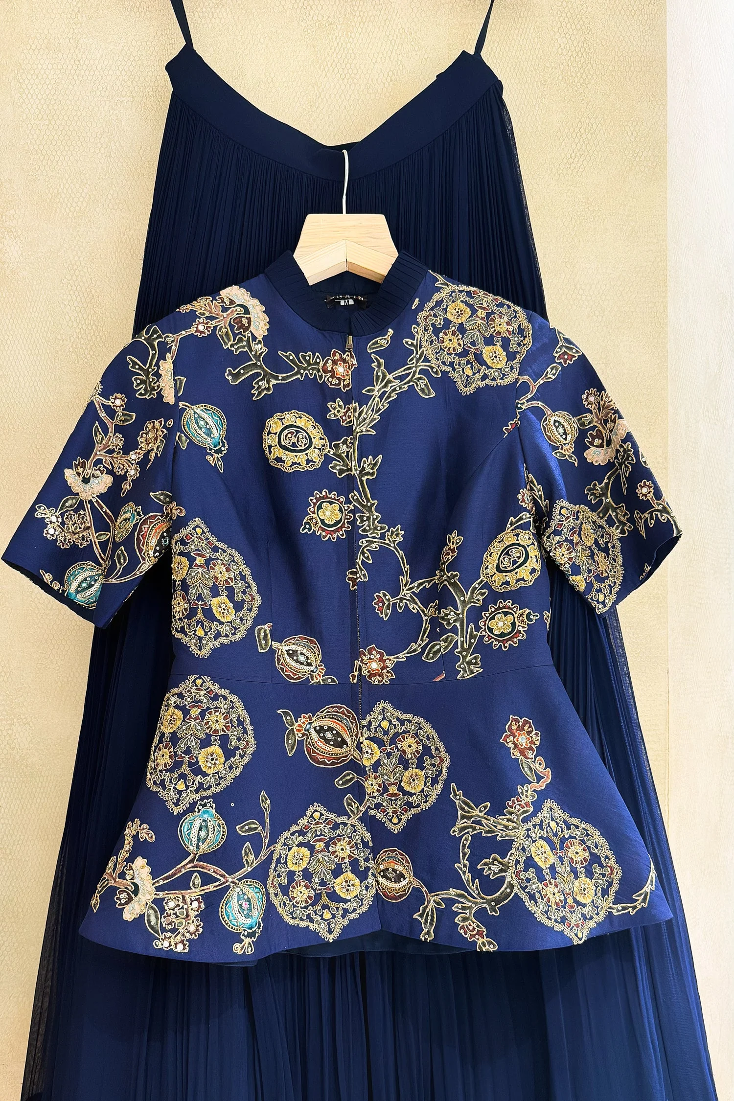 Navy Blue Silk Peplum Lehenga Set with Printed and Sequin Work - Image 4