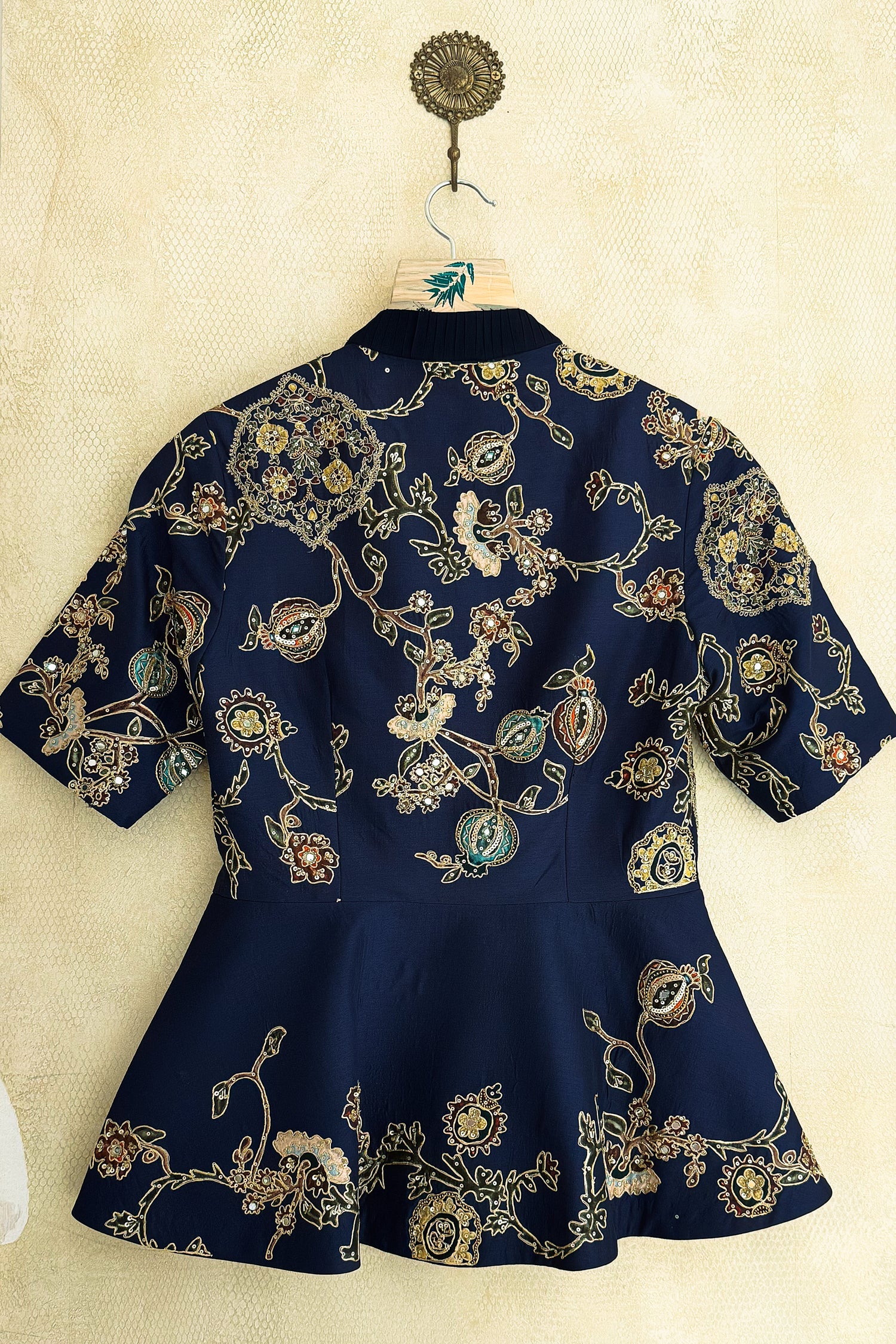 Navy Blue Silk Peplum Lehenga Set with Printed and Sequin Work - Image 5