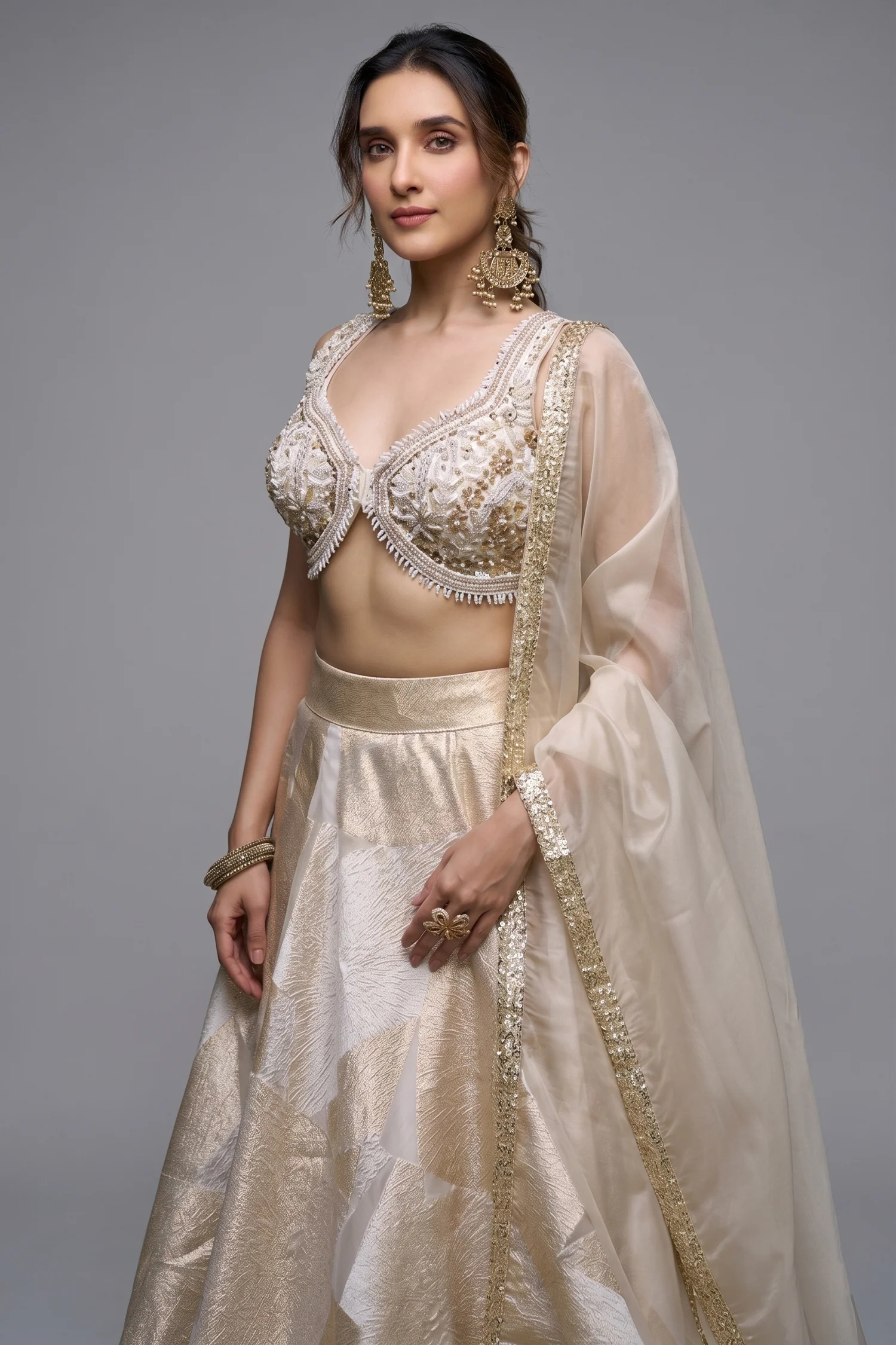 Off White and Golden Orgazna Lehenga with Embellished Beaded Blouse - Image 2