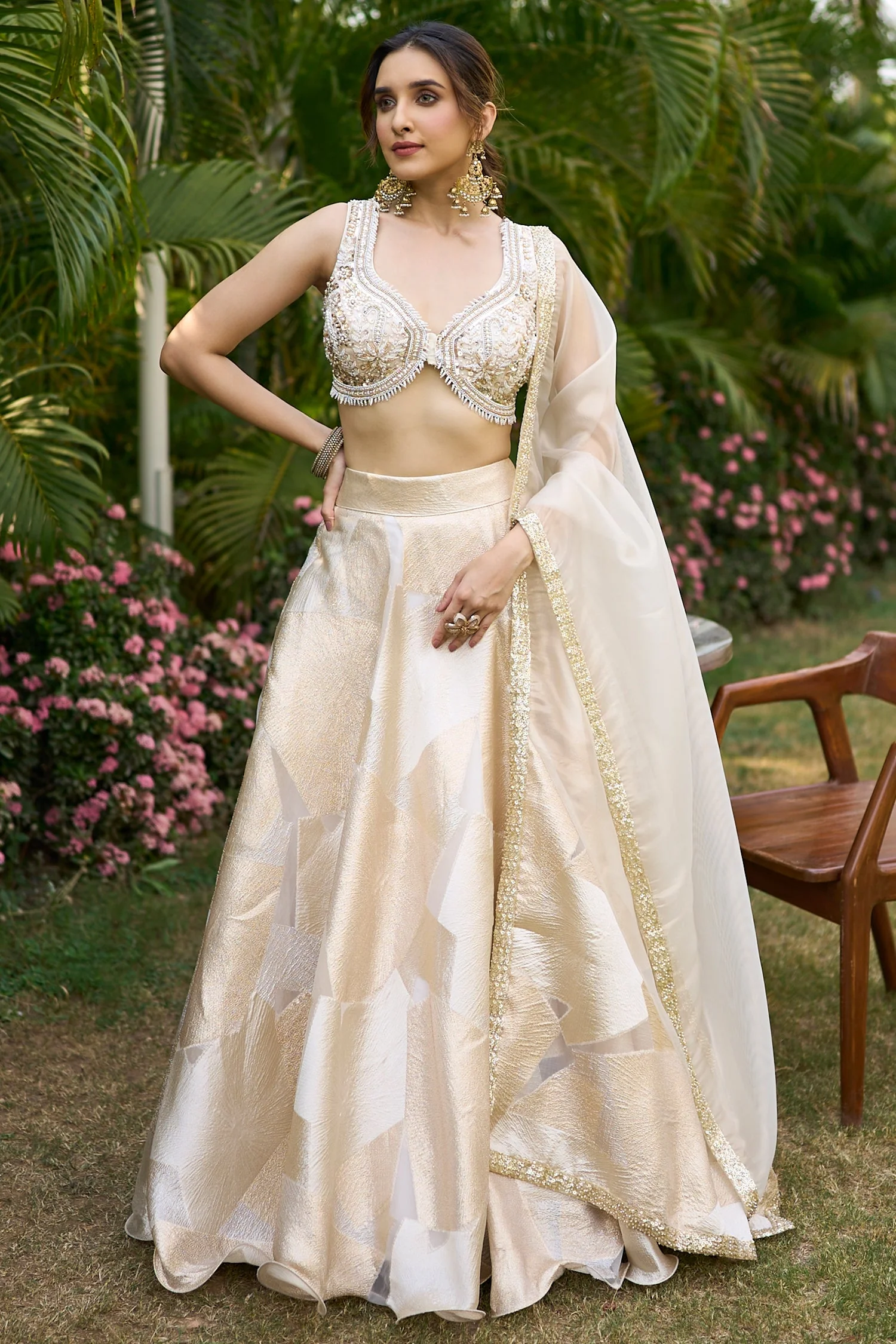 Off White and Golden Orgazna Lehenga with Embellished Beaded Blouse - Image 3