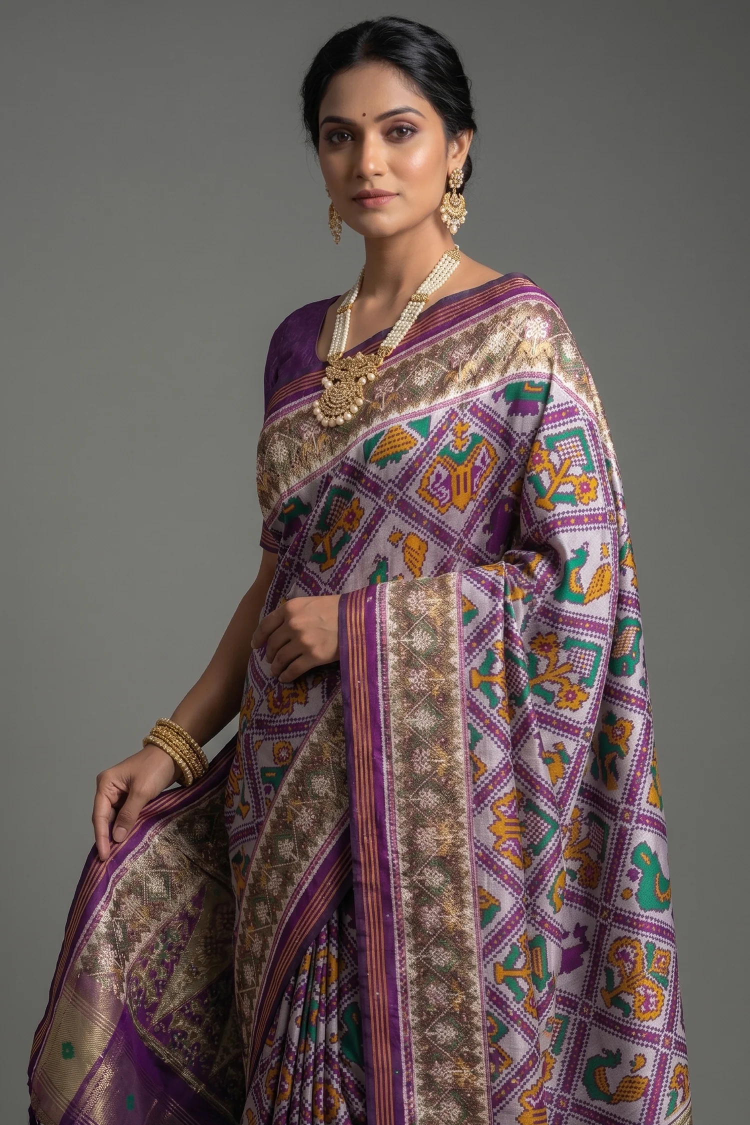 Off White and Purple Silk Traditional Checks Patola Saree - Image 2