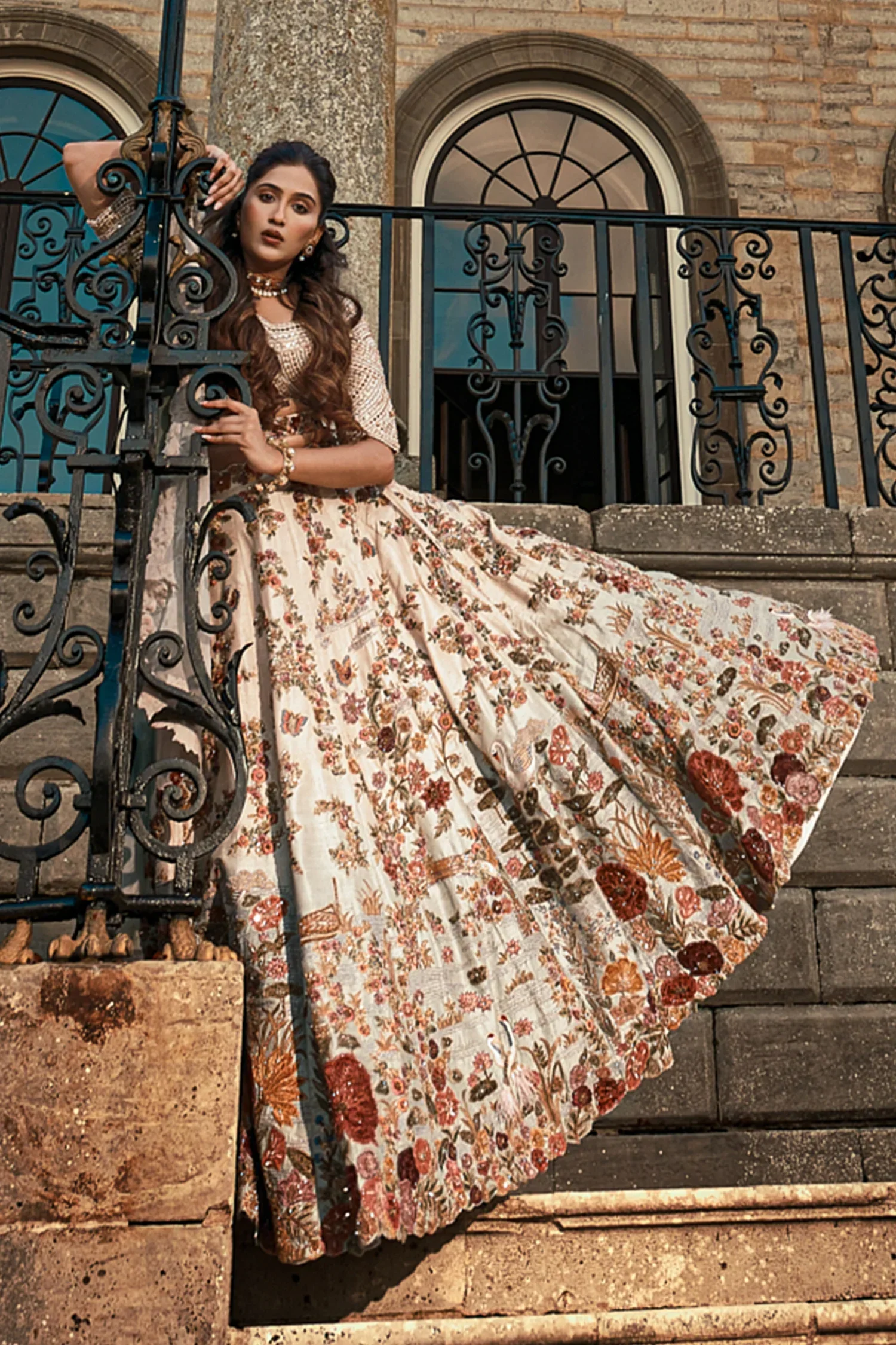 Off White and Sky Blue Heavy Work Bridal Lehenga in Raw Silk with Floral and Bird Motifs - Image 3