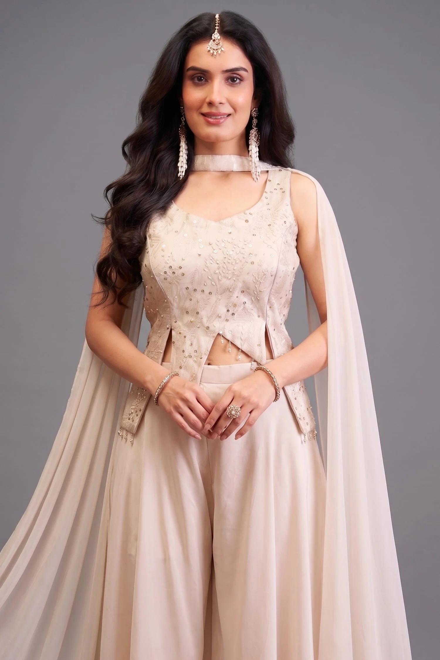 Off White Art Silk Asymmetrical Top and Palazzo Suit - Image 2