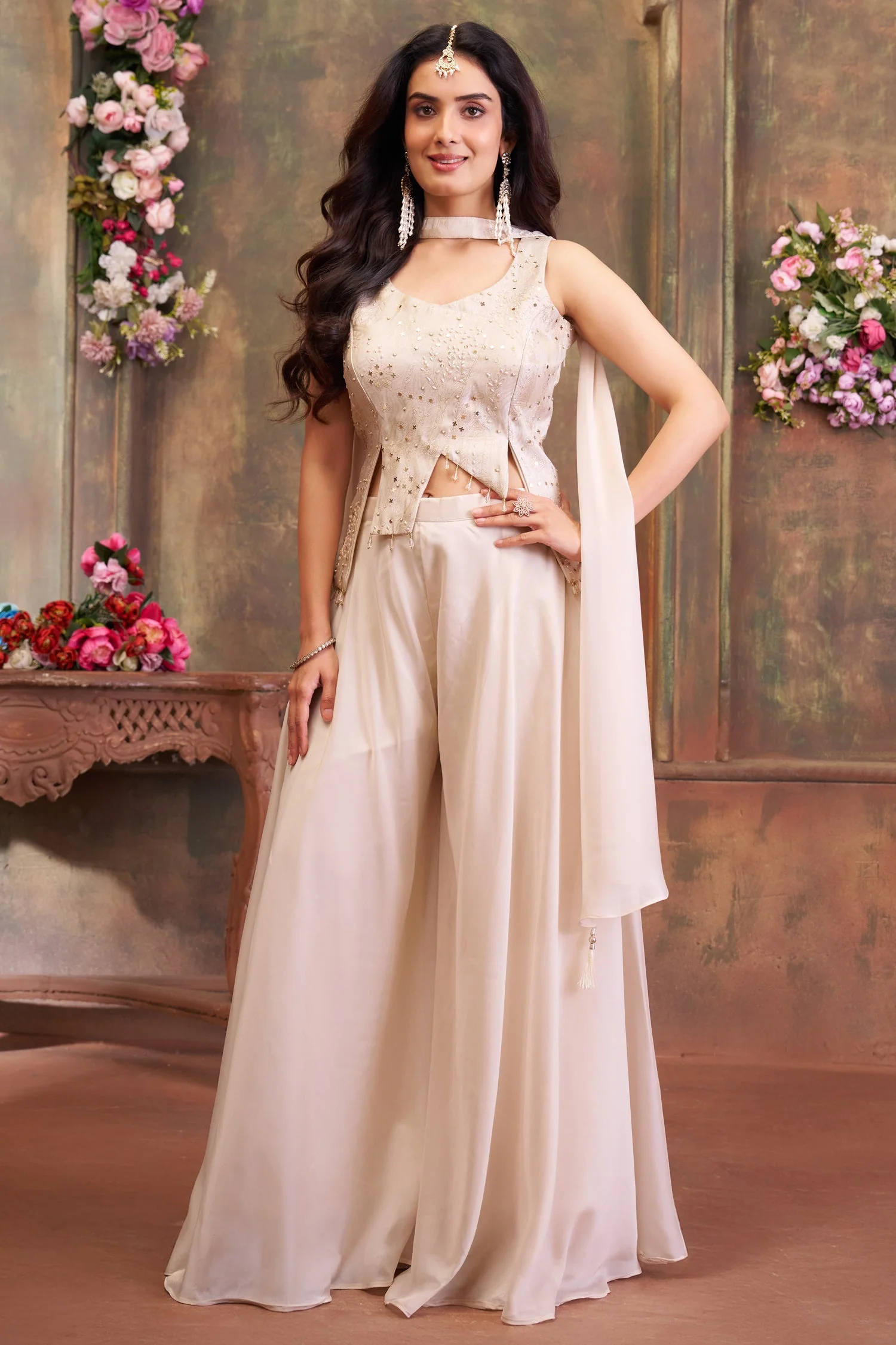 Off White Art Silk Asymmetrical Top and Palazzo Suit - Image 3