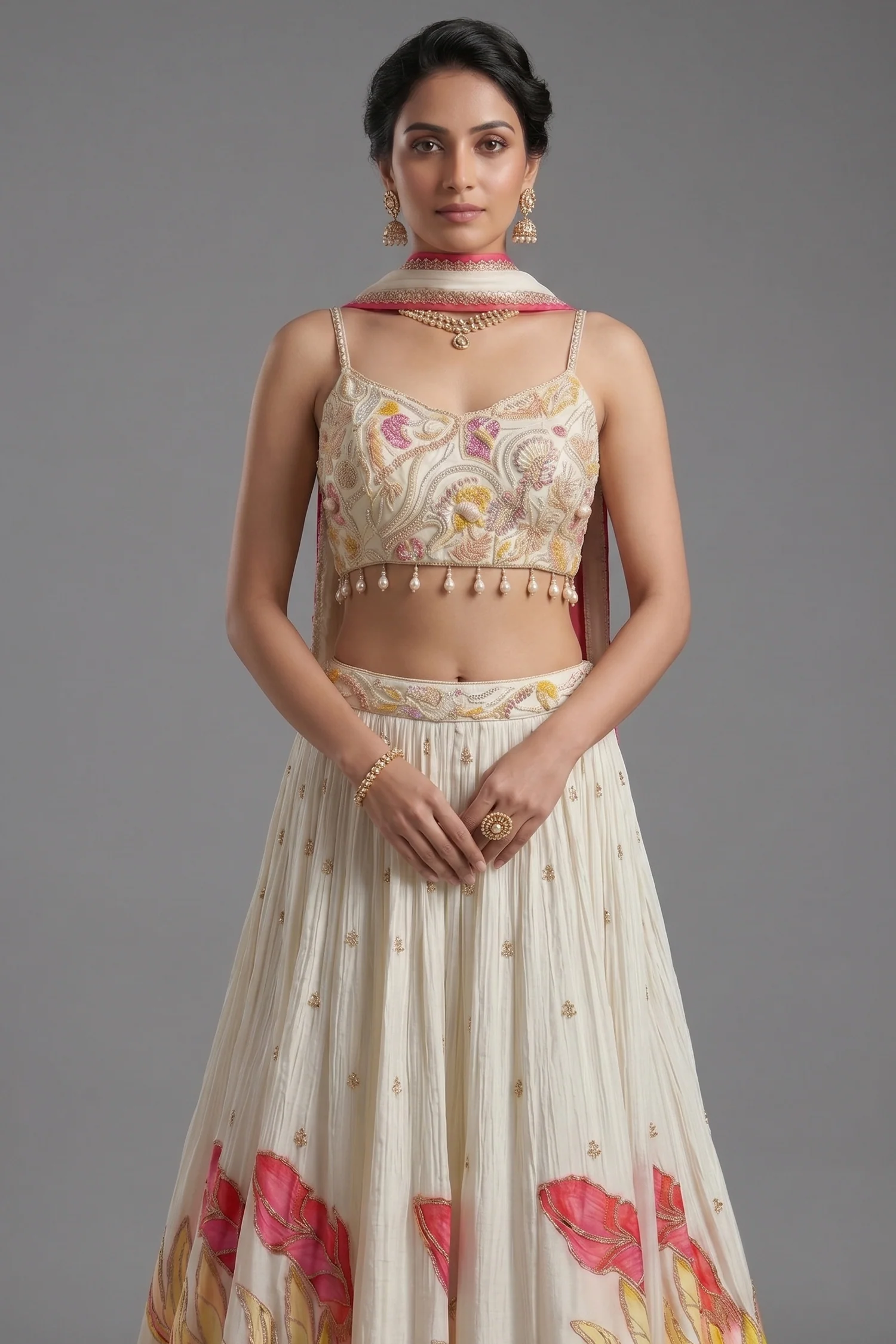 Off White Chinon Silk Floral Printed Lehenga with Shell Detailing - Image 2