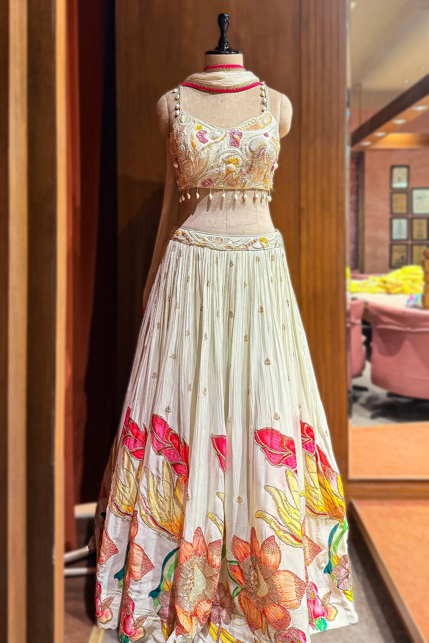 Off White Chinon Silk Floral Printed Lehenga with Shell Detailing - Image 3