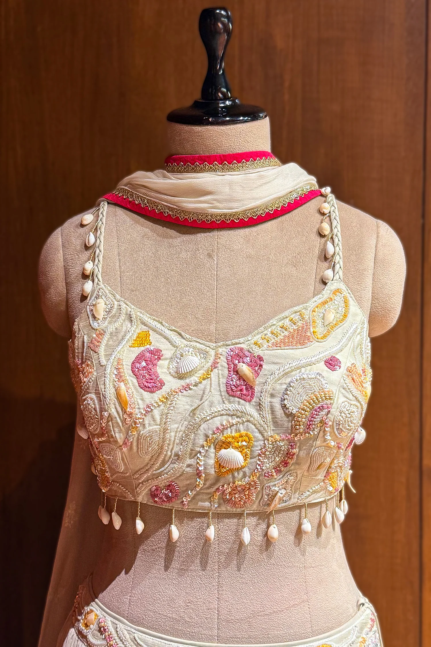 Off White Chinon Silk Floral Printed Lehenga with Shell Detailing - Image 4