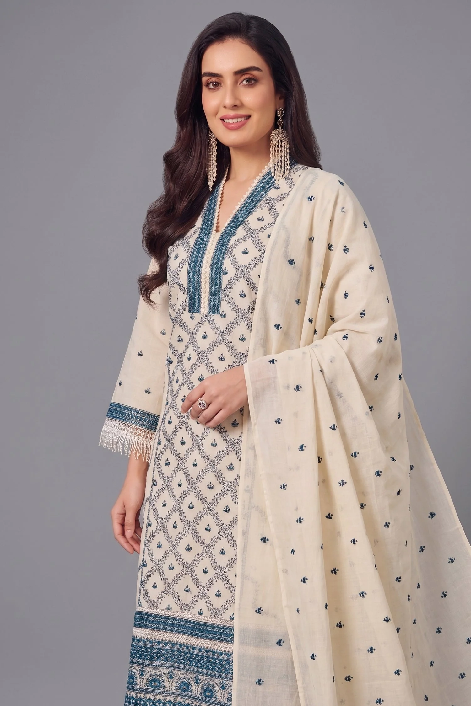 Off White Cotton Embroidered Straight Cut Suit - Image 2