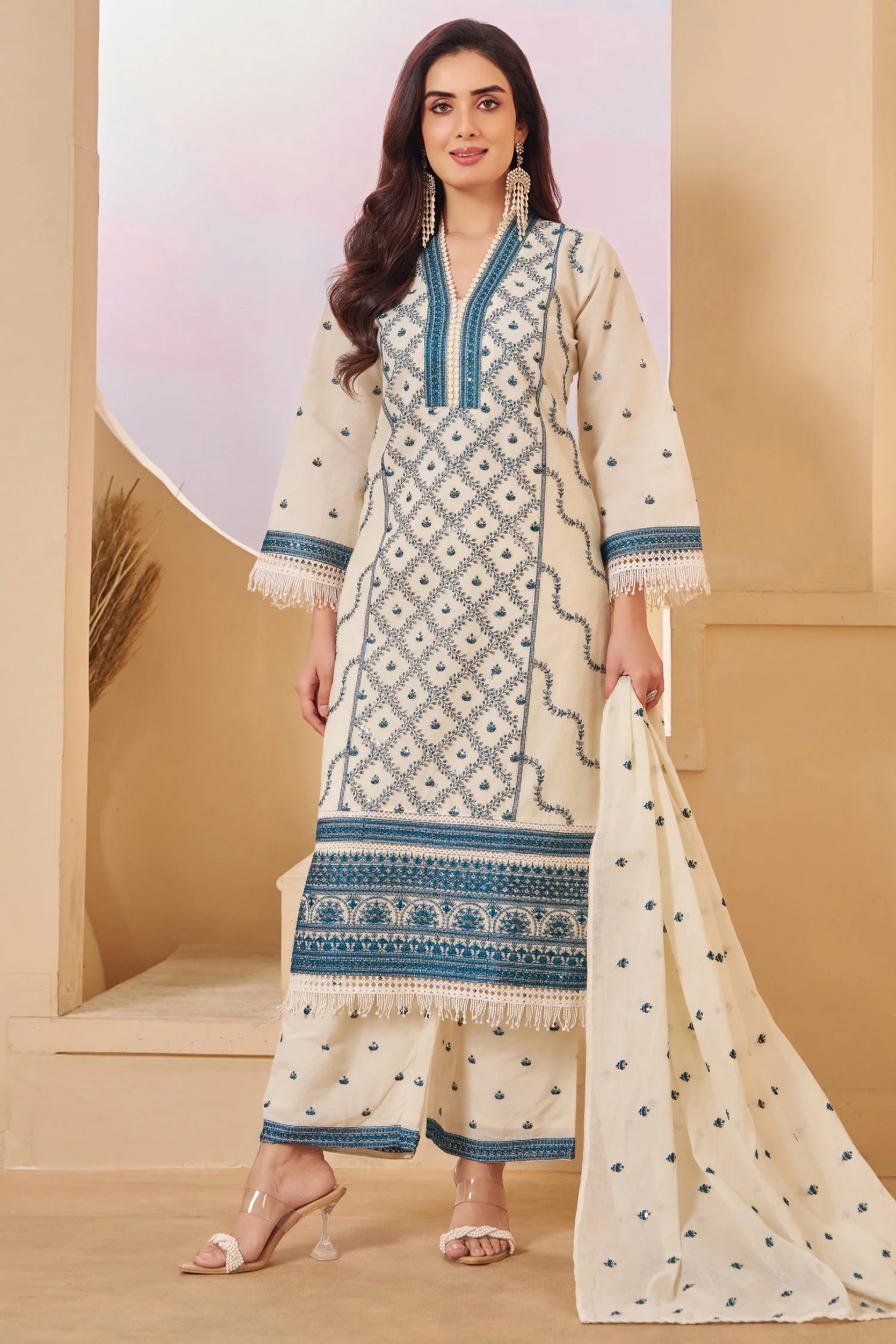Off White Cotton Embroidered Straight Cut Suit - Image 3