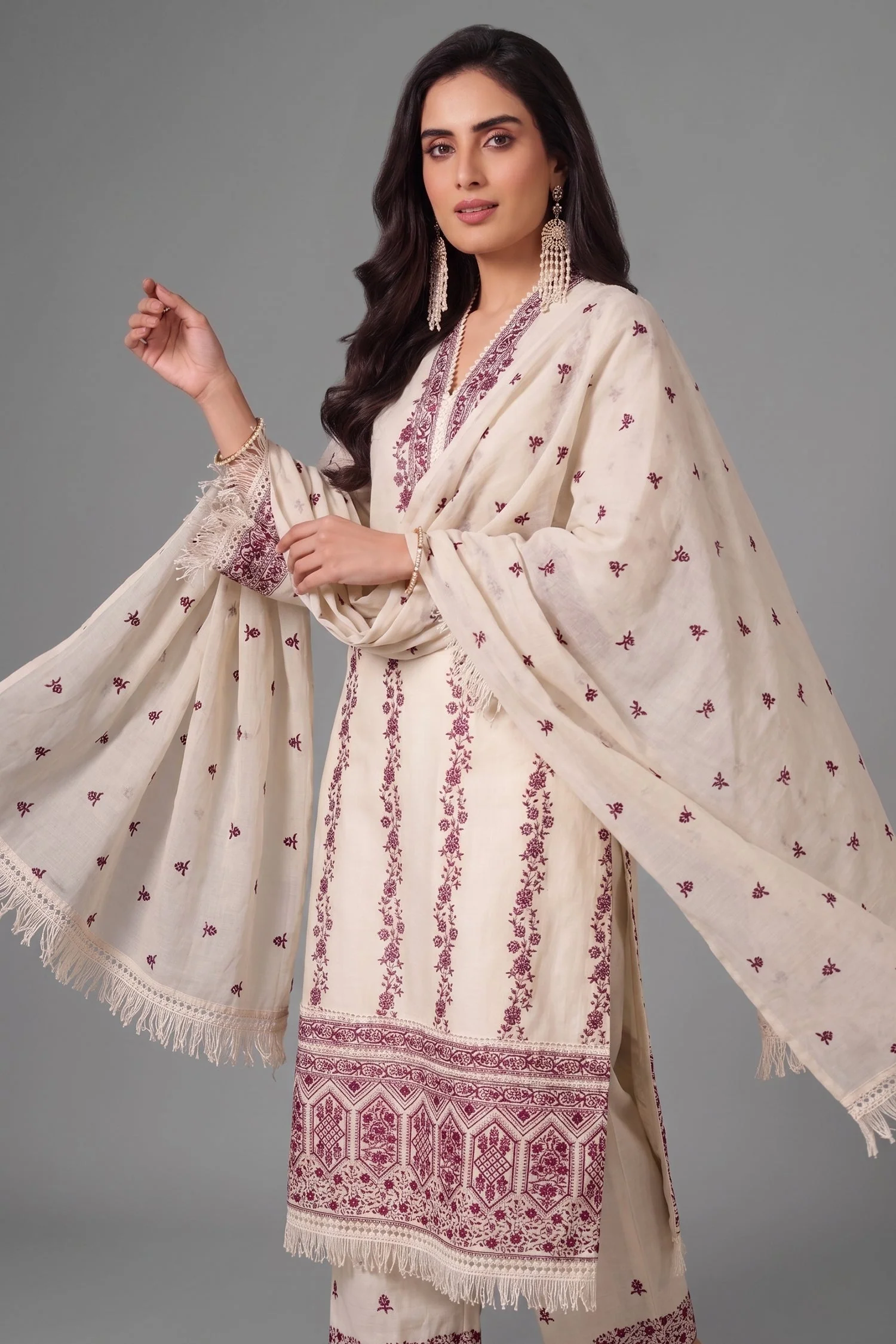 Off White Cotton Embroidered Straight Cut Suit - Image 2