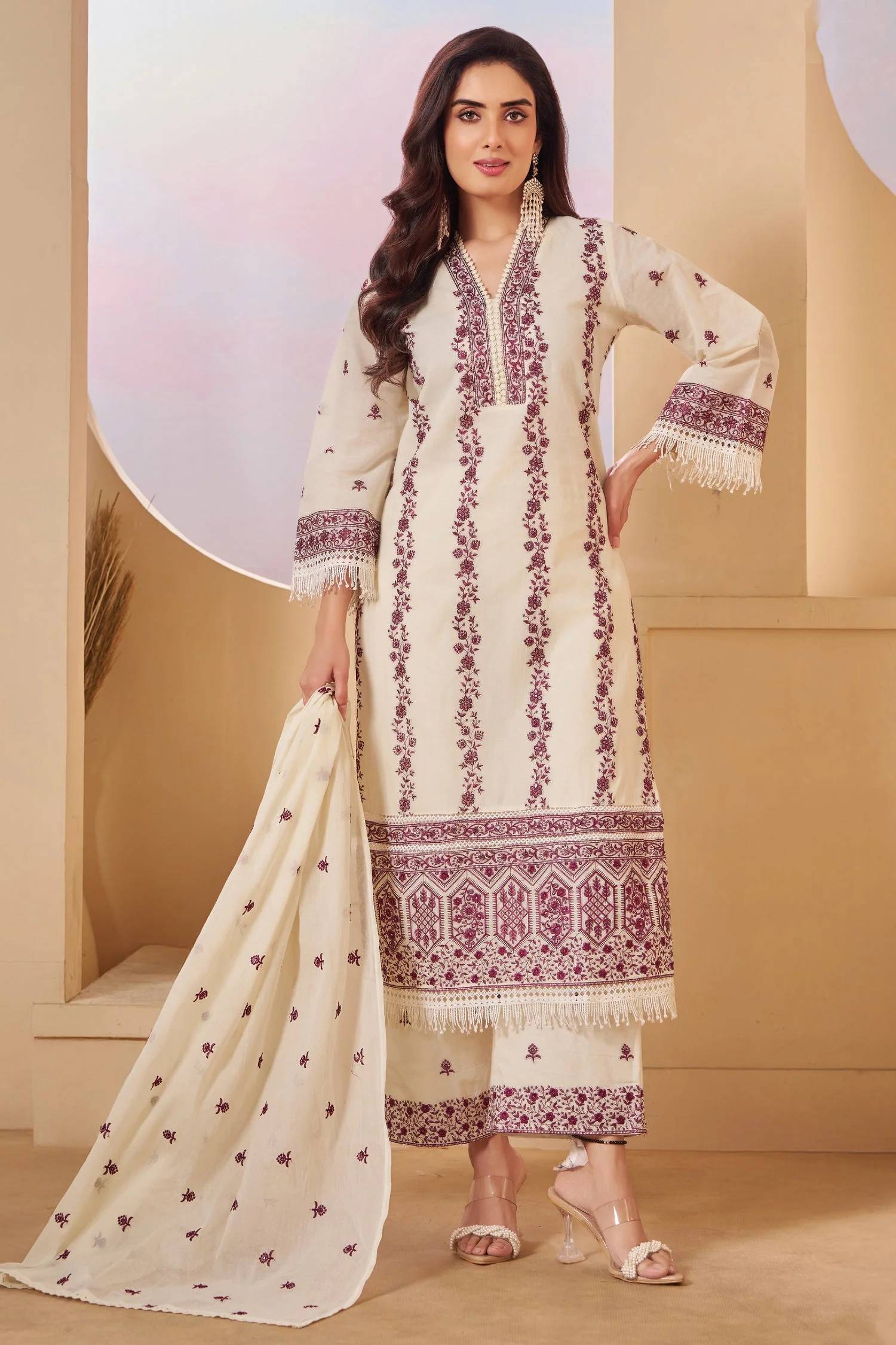 Off White Cotton Embroidered Straight Cut Suit - Image 3