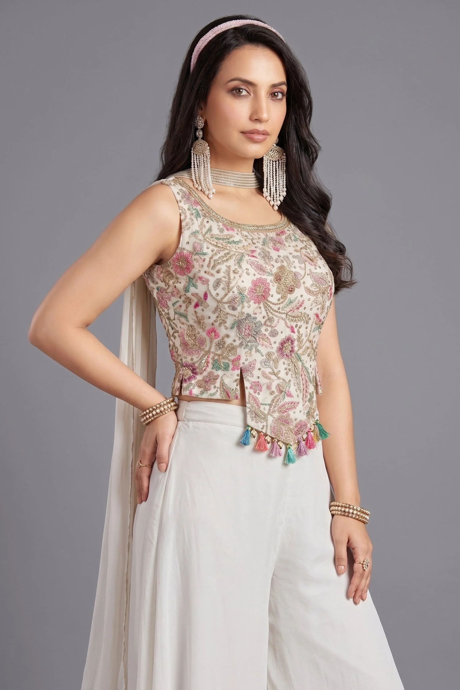 Off White Crepe Silk Floral Printed Crop Top and Palazzo Set - Image 2