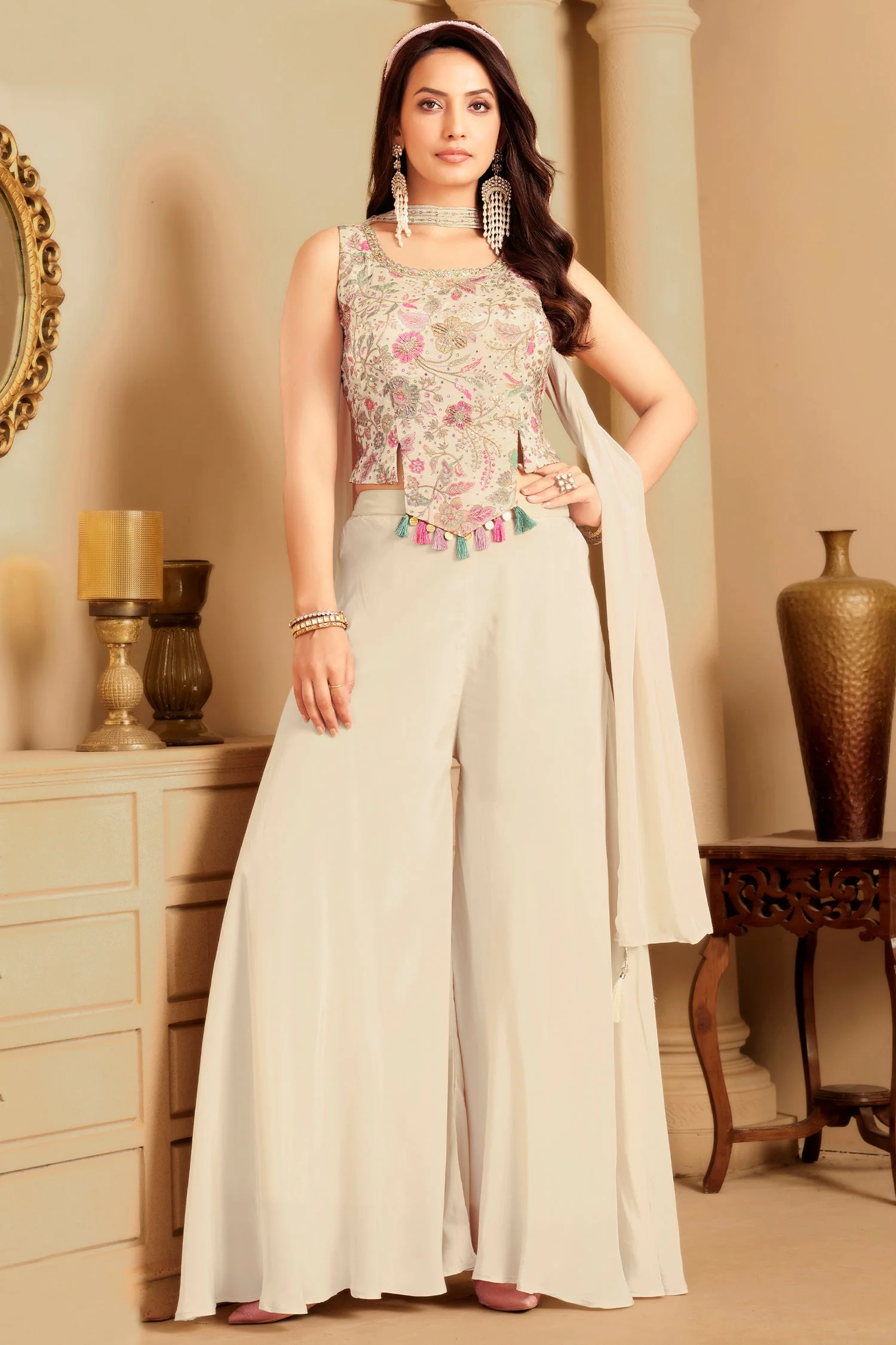 Off White Crepe Silk Floral Printed Crop Top and Palazzo Set - Image 3
