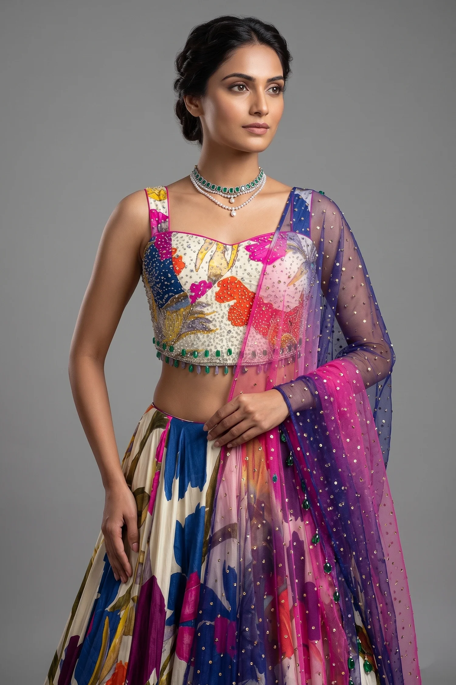 Off White Crepe Silk Floral Printed Flared Lehenga with Beaded Off Shoulder Corset - Image 2