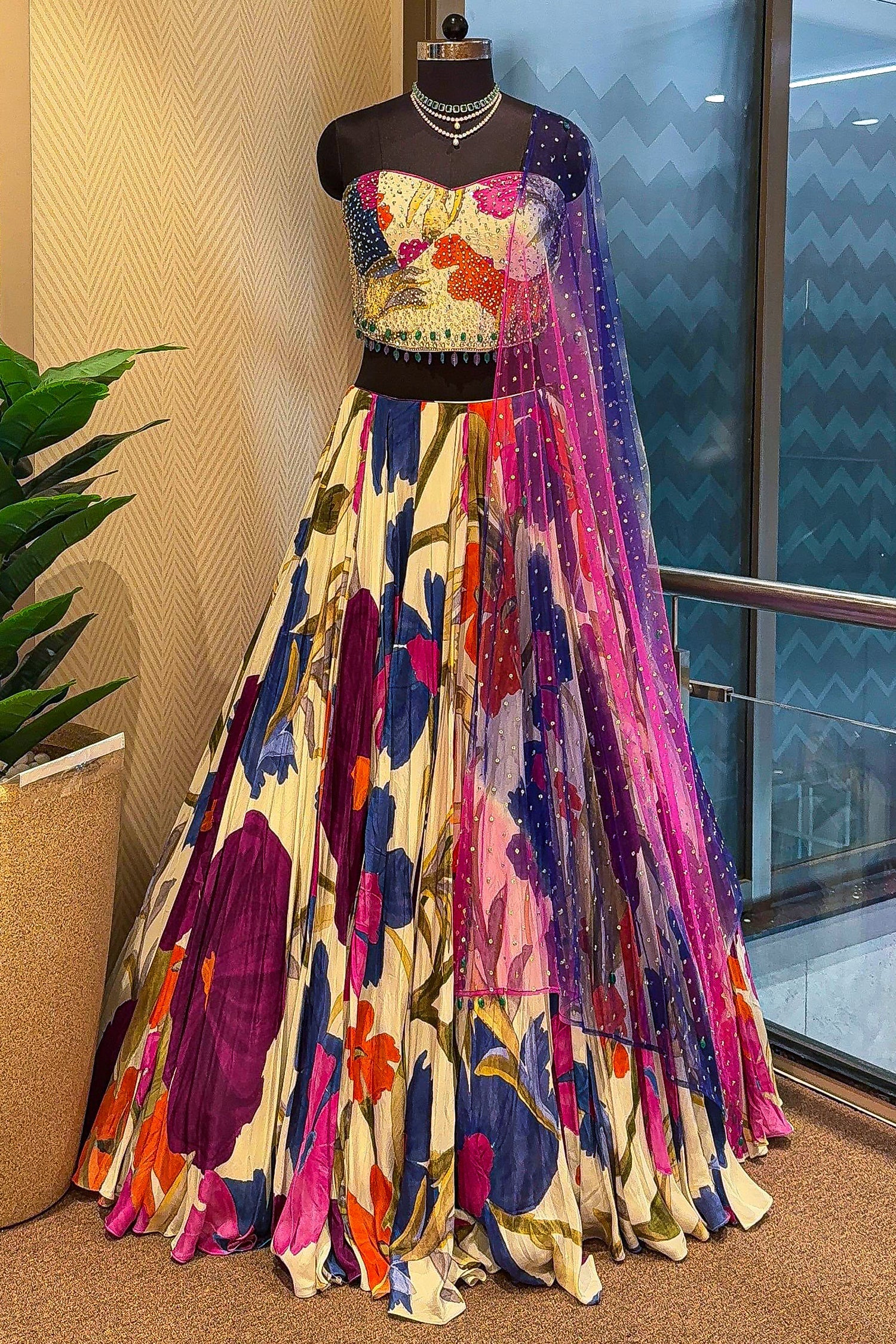 Off White Crepe Silk Floral Printed Flared Lehenga with Beaded Off Shoulder Corset - Image 3