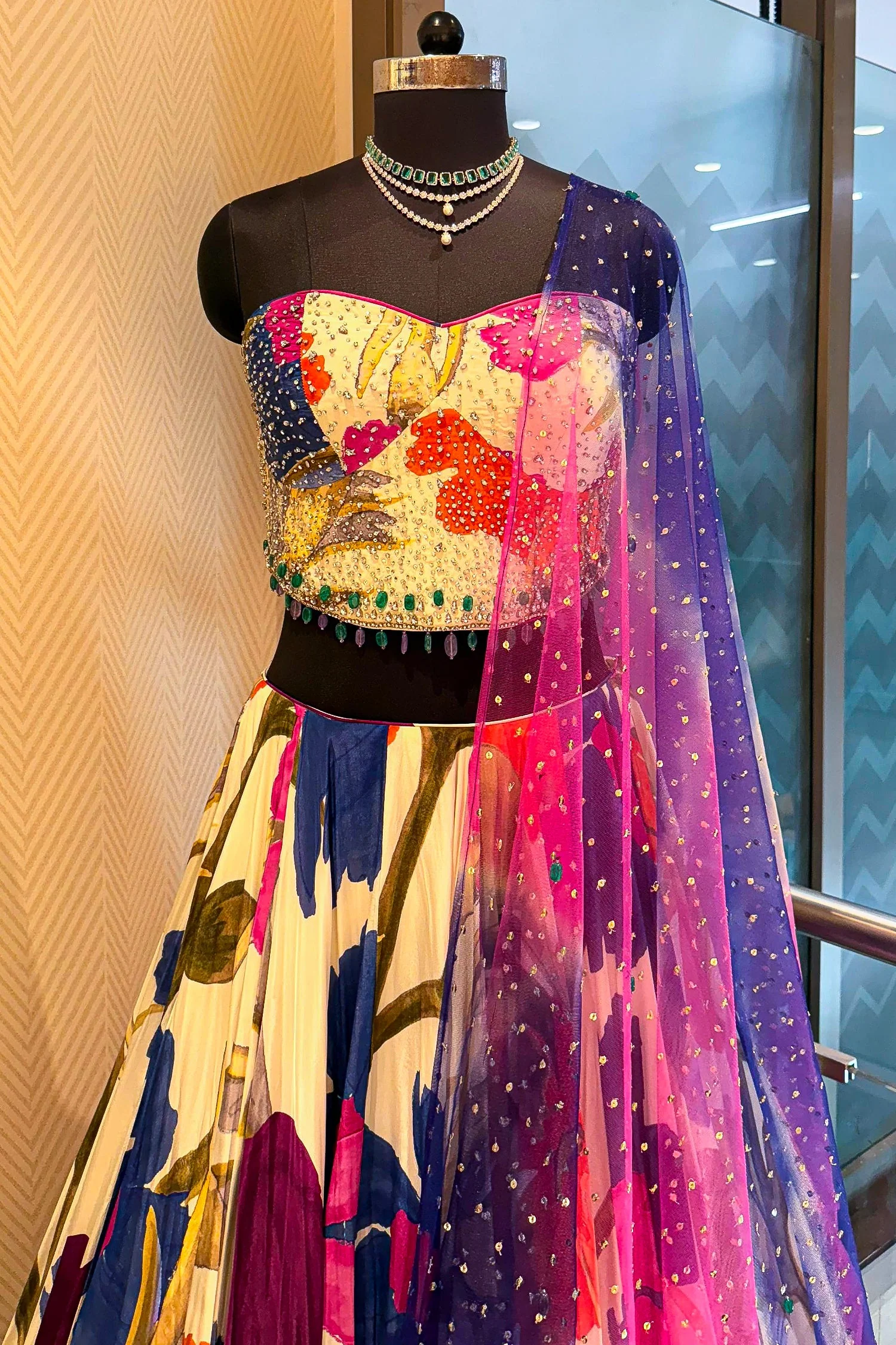 Off White Crepe Silk Floral Printed Flared Lehenga with Beaded Off Shoulder Corset - Image 4
