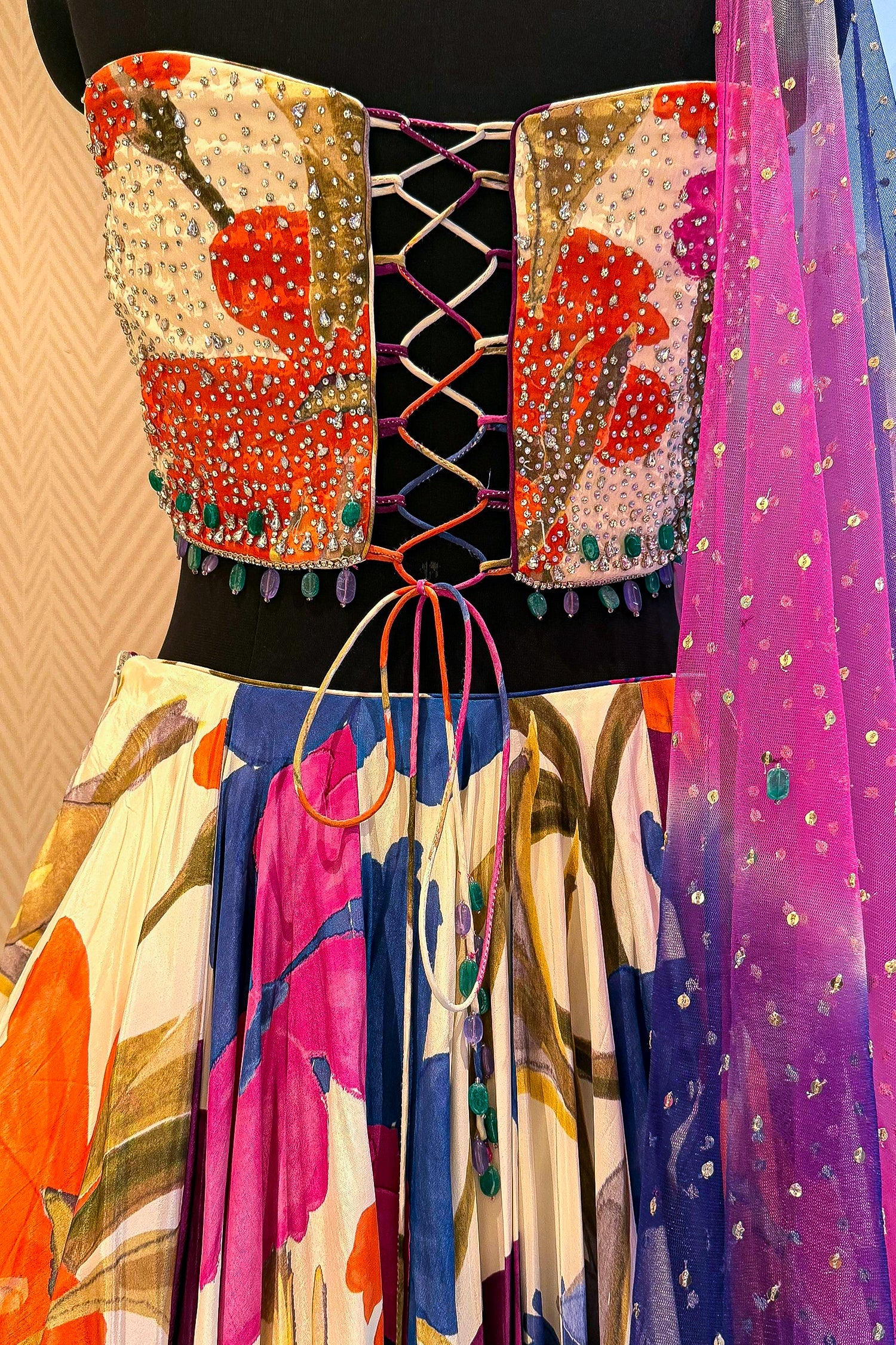 Off White Crepe Silk Floral Printed Flared Lehenga with Beaded Off Shoulder Corset - Image 5