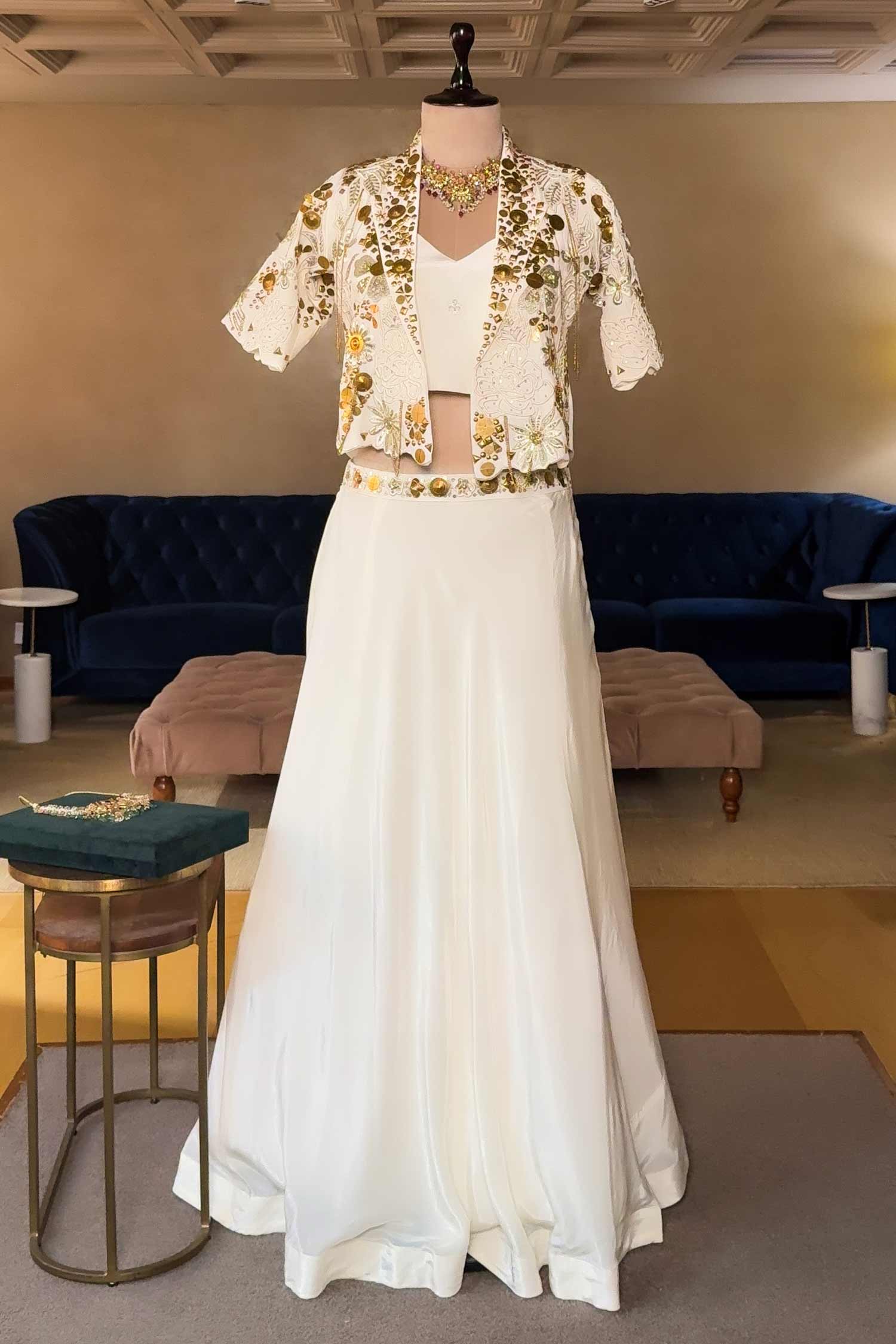 Off White Designer Handworked Crepe Silk Indo Western Set - Image 2