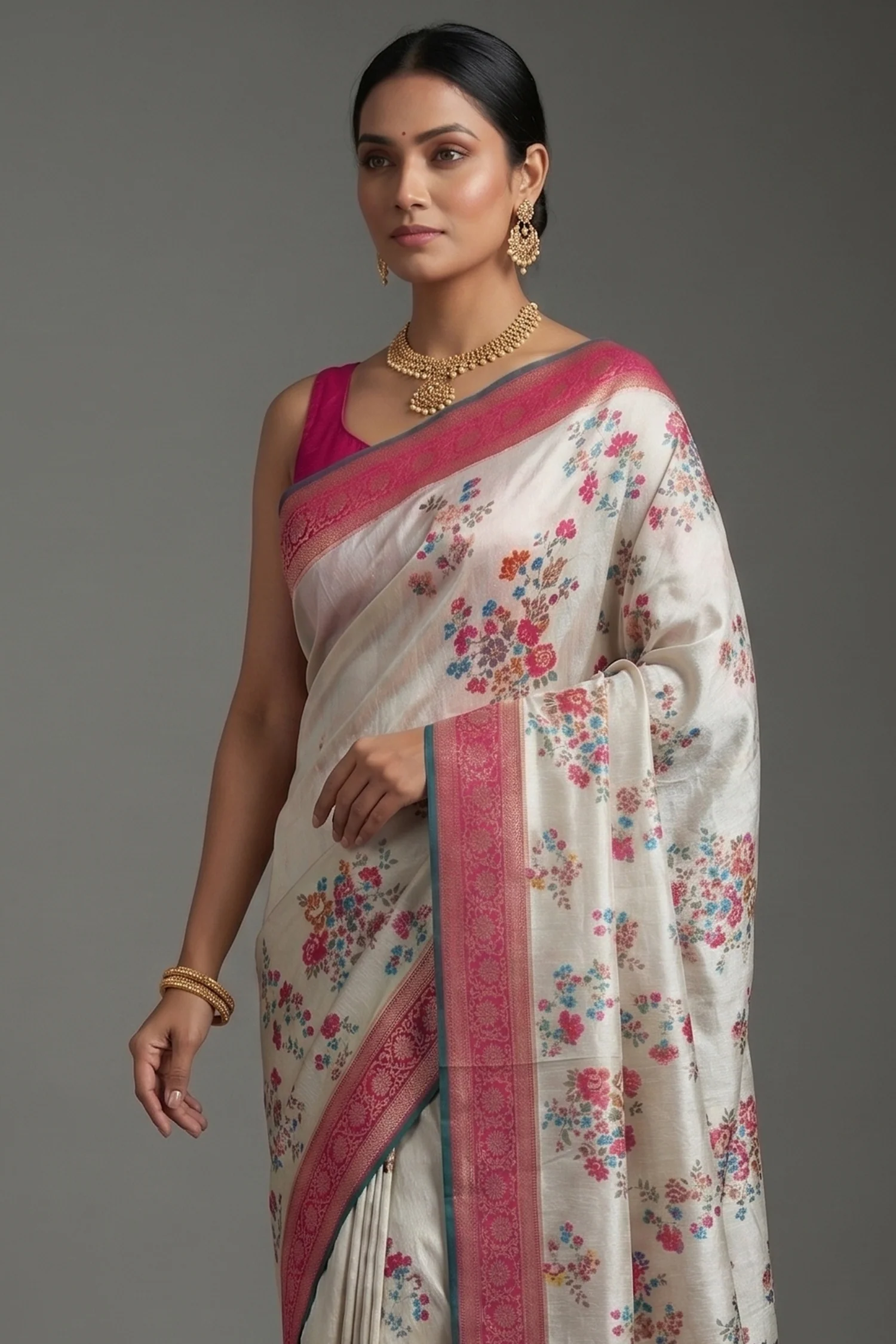Off White Dola Silk Floral and Bird Motif Saree with Contrast Woven Border and Pallu - Image 2